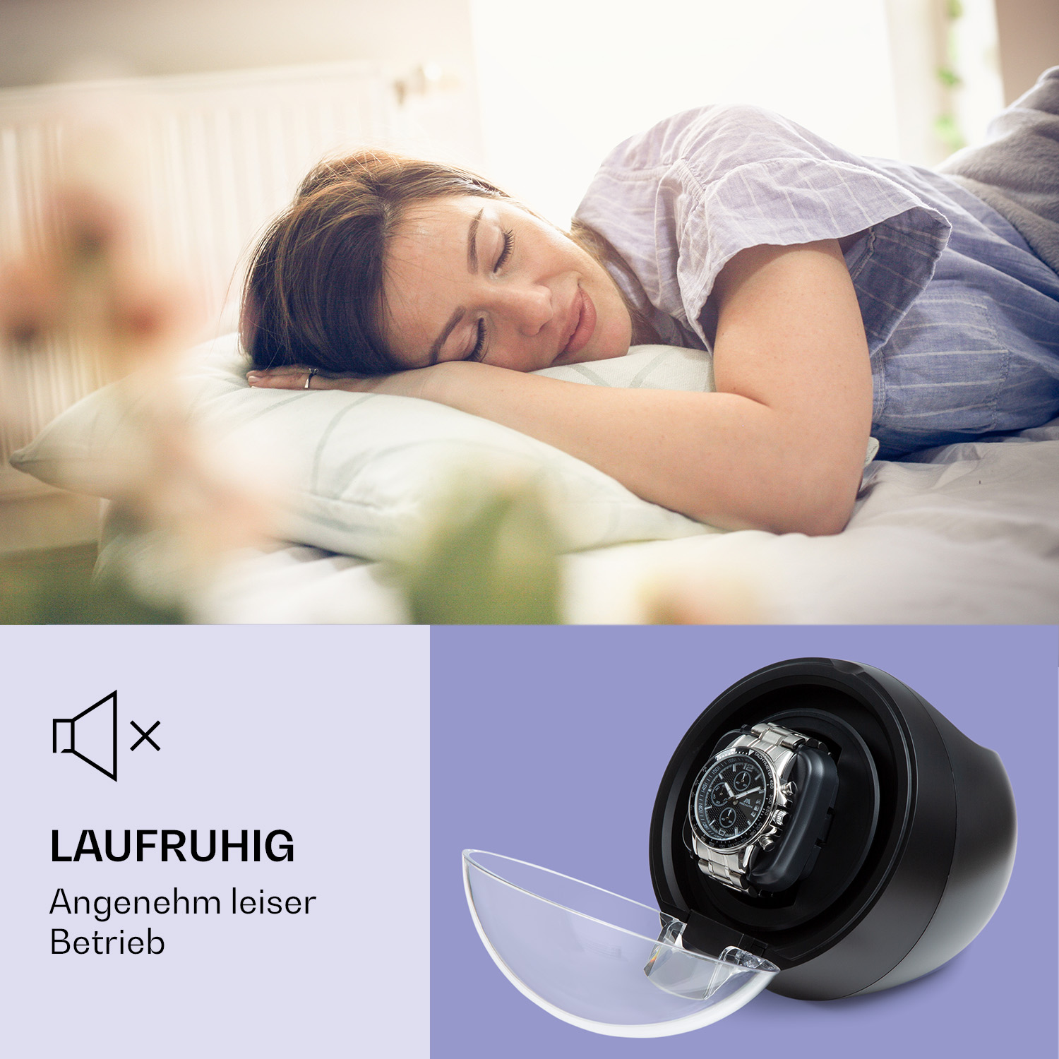 Eine Frau schläft im Bett mit einem Uhrenbeweger. Eine kleine Uhr ist im Beweger.