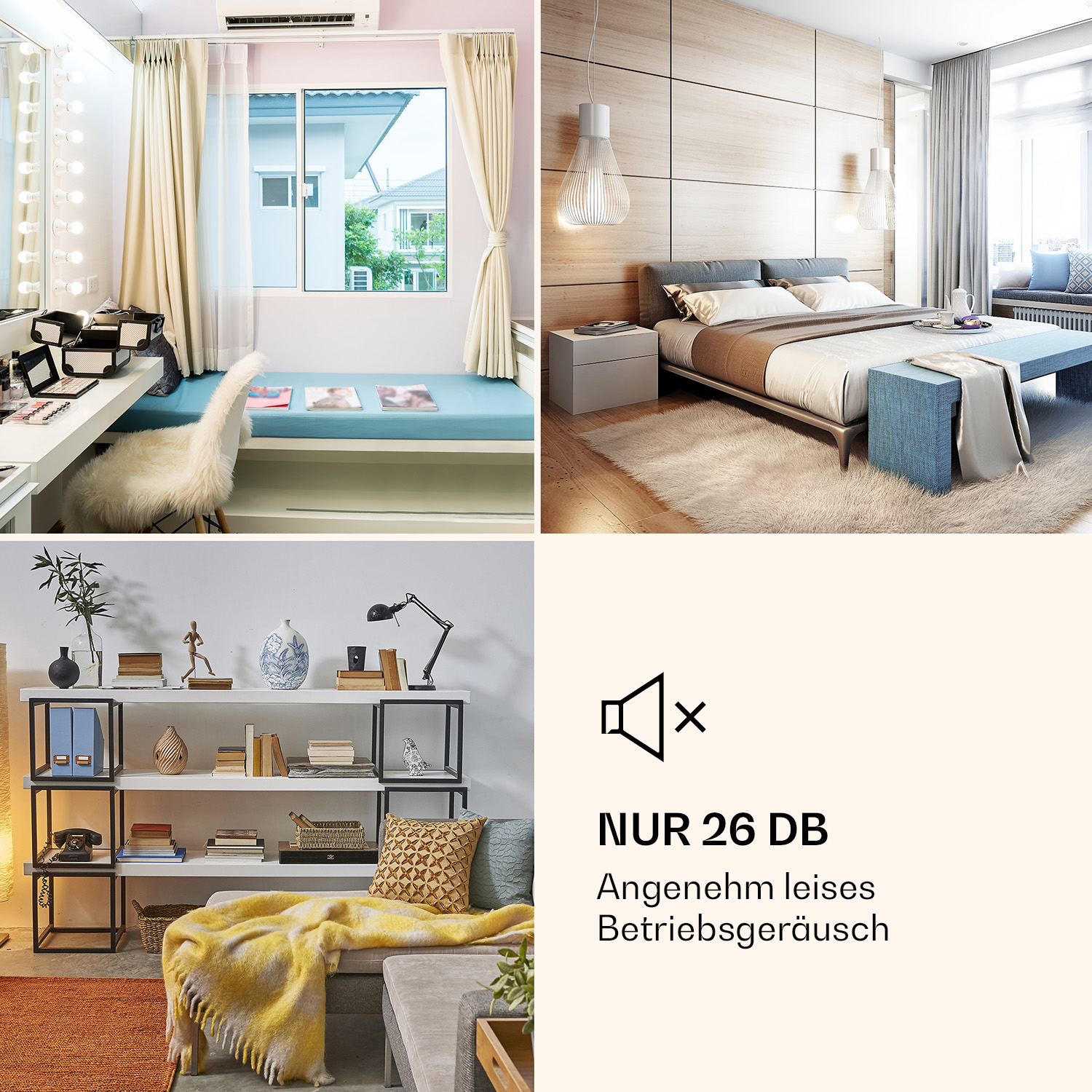 Eine Collage mit verschiedenen Szenen: Schlafzimmer, Ankleidezimmer und Bücherregal.