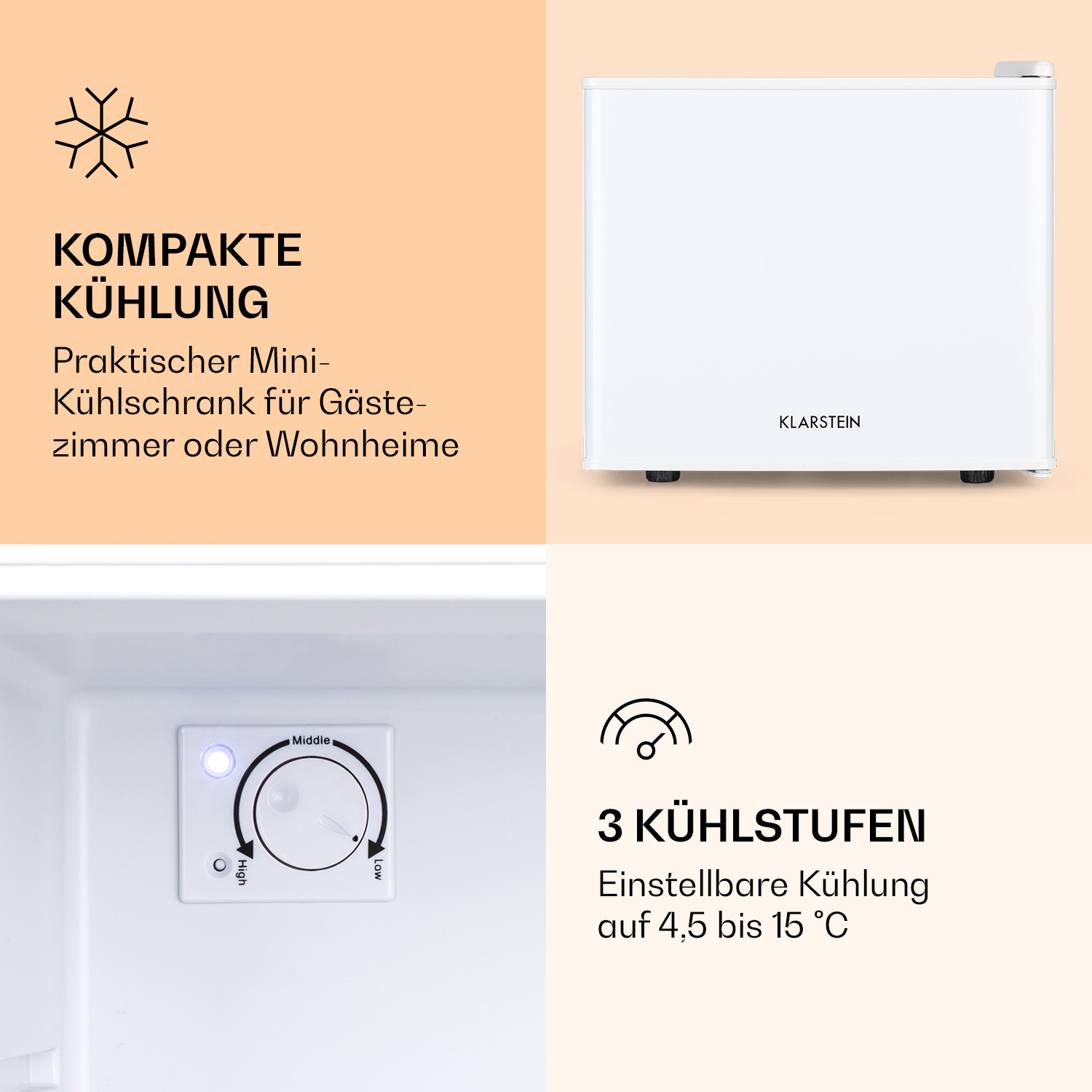 Ein weißer Minikühlschrank mit offener Tür. Es gibt Dosen, Flaschen und Obst im Inneren.