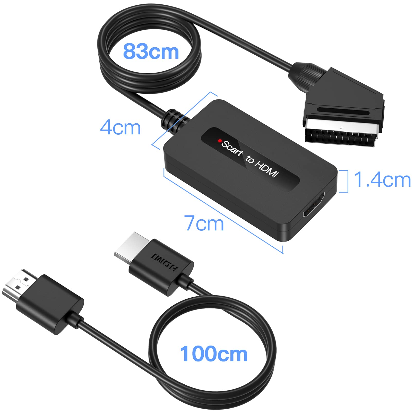 Schwarzer Scart-zu-HDMI-Adapter mit Kabeln. Maße: 83 cm, 4 cm, 7 cm, 1,4 cm, 100 cm. Weißer Hintergrund.