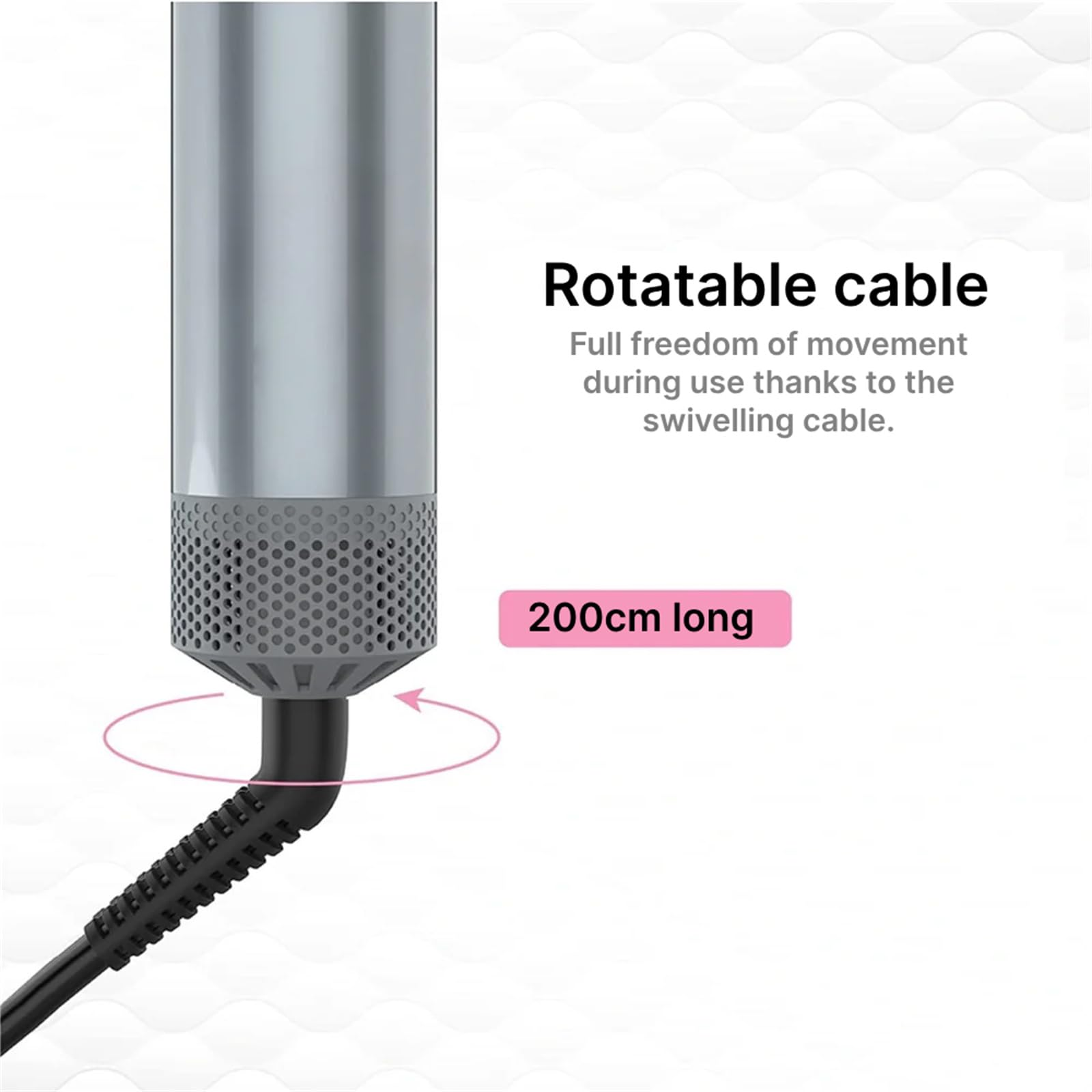 Haarstyler mit drehbarem Kabel. Silbernes und schwarzes Gerät mit einem rosa Rechteck, das eine Kabellänge von 200 cm anzeigt.
