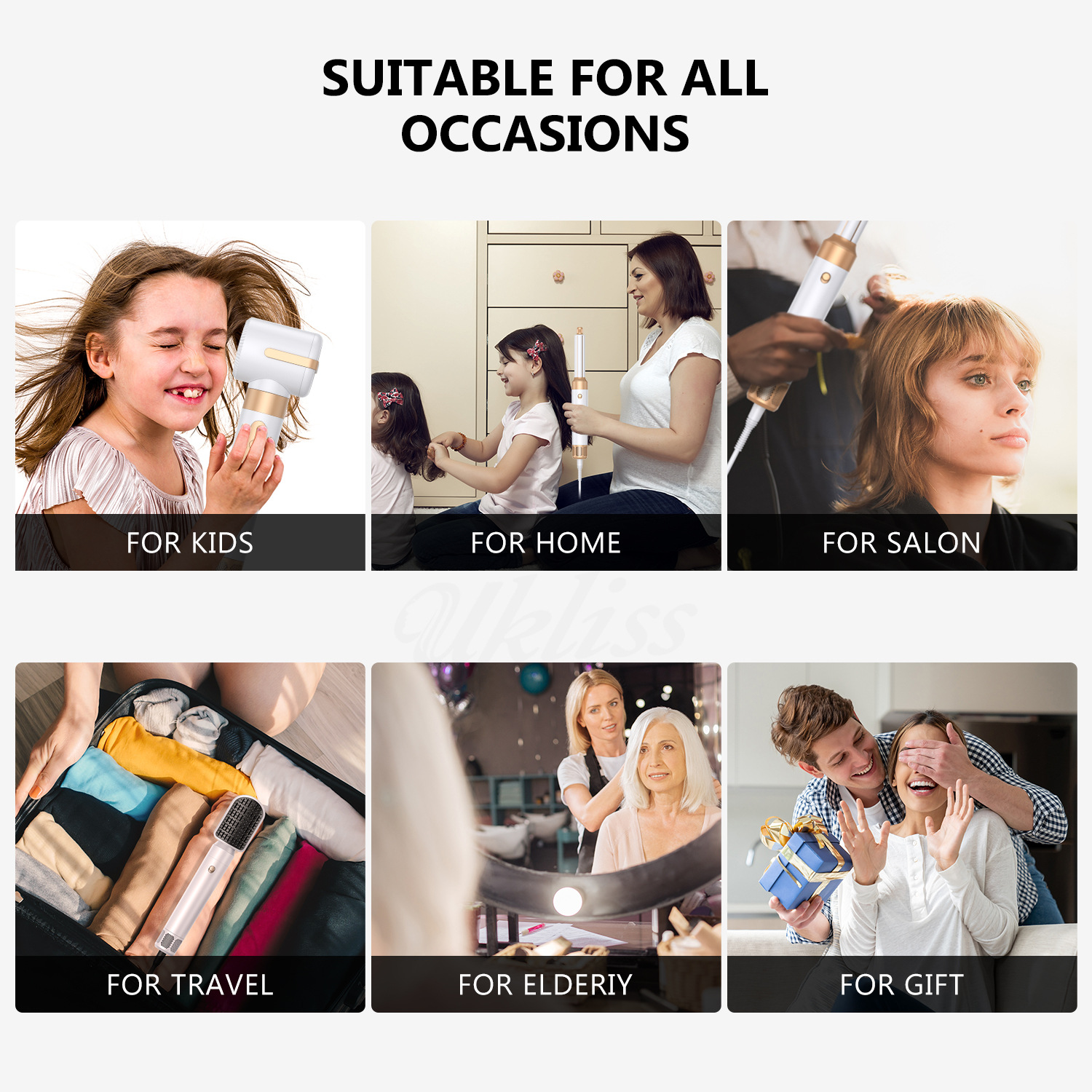 Collage, das zeigt, wie ein Haarstyler für Kinder, zu Hause, in einem Salon, auf Reisen, für ältere Menschen und als Geschenk verwendet wird.