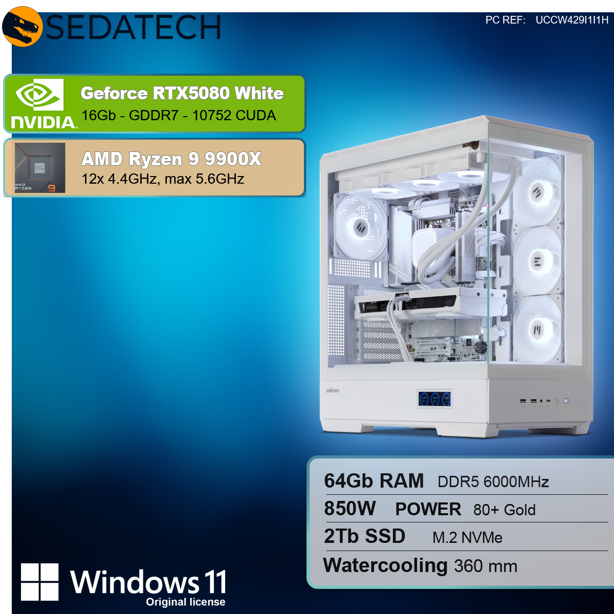 Case per computer bianco con componenti, tra cui scheda grafica, CPU e RAM. Specifiche elencate.