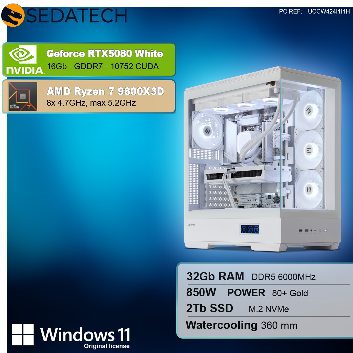 Case per computer bianco con componenti, tra cui scheda grafica, CPU e RAM. Specifiche elencate.