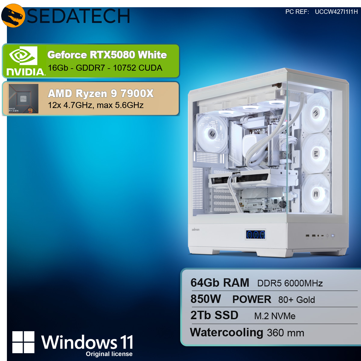 Case per computer bianco con componenti, tra cui scheda grafica, CPU e RAM. Specifiche elencate.