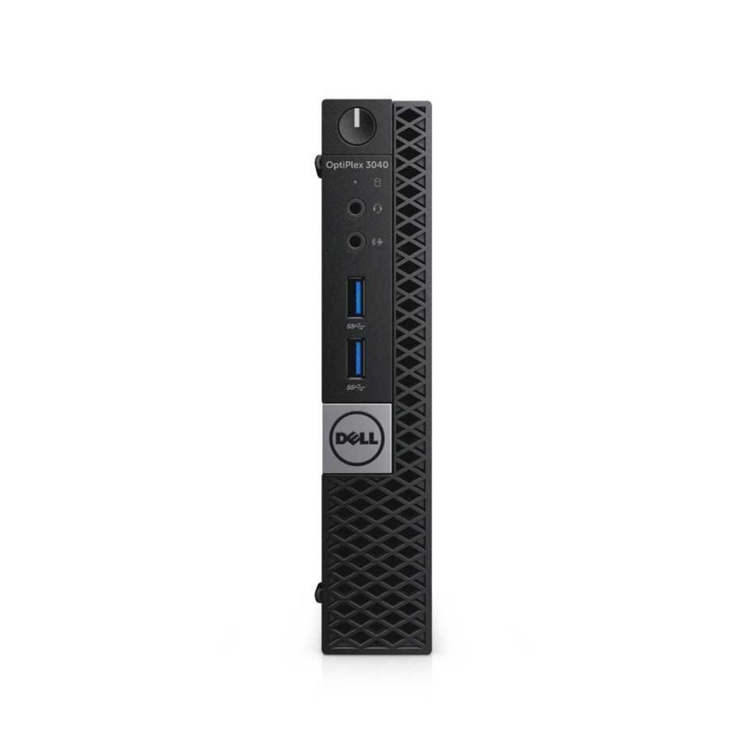 Un ordenador de escritorio Dell OptiPlex 3040 negro. Orientado verticalmente sobre fondo blanco.