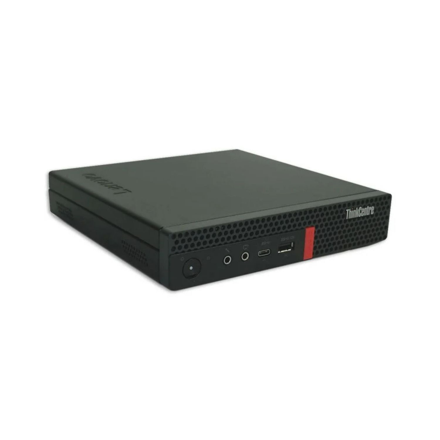Un ordenador de escritorio negro Lenovo ThinkCentre sobre fondo blanco, con una raya roja.