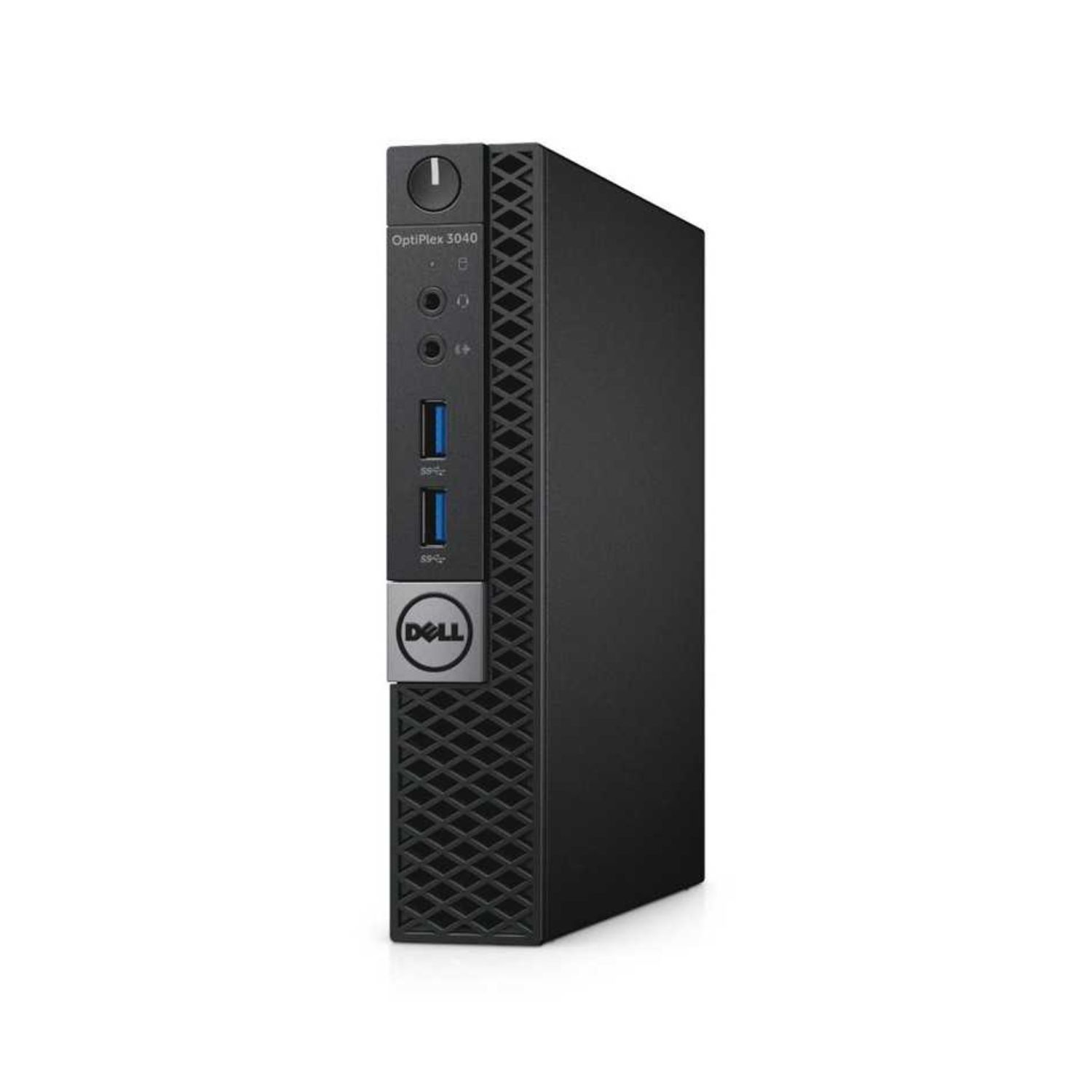PC negro Dell OptiPlex 3040 de factor de forma pequeño con puertos y logotipo de Dell sobre fondo blanco.