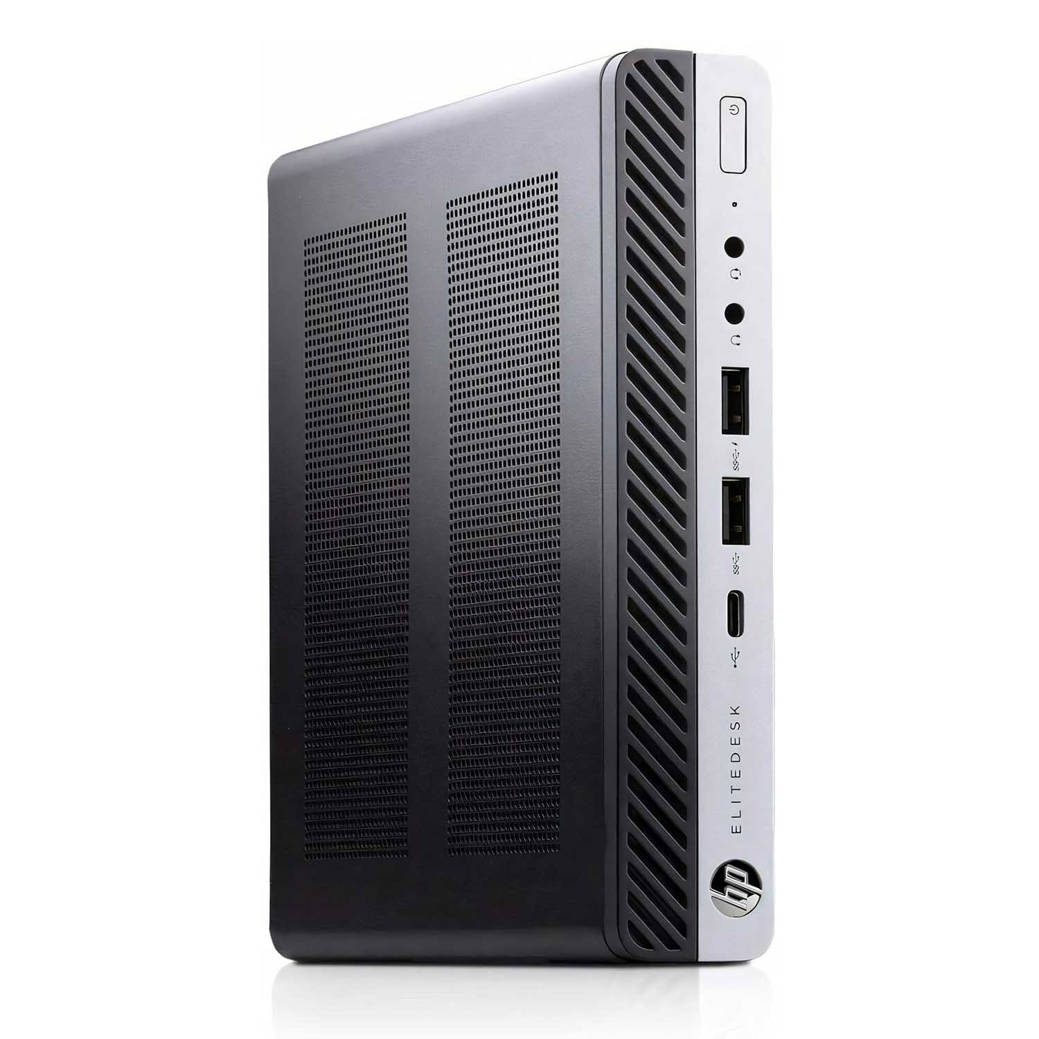 Un ordenador de escritorio HP EliteDesk negro y plateado. Sobre un fondo blanco.
