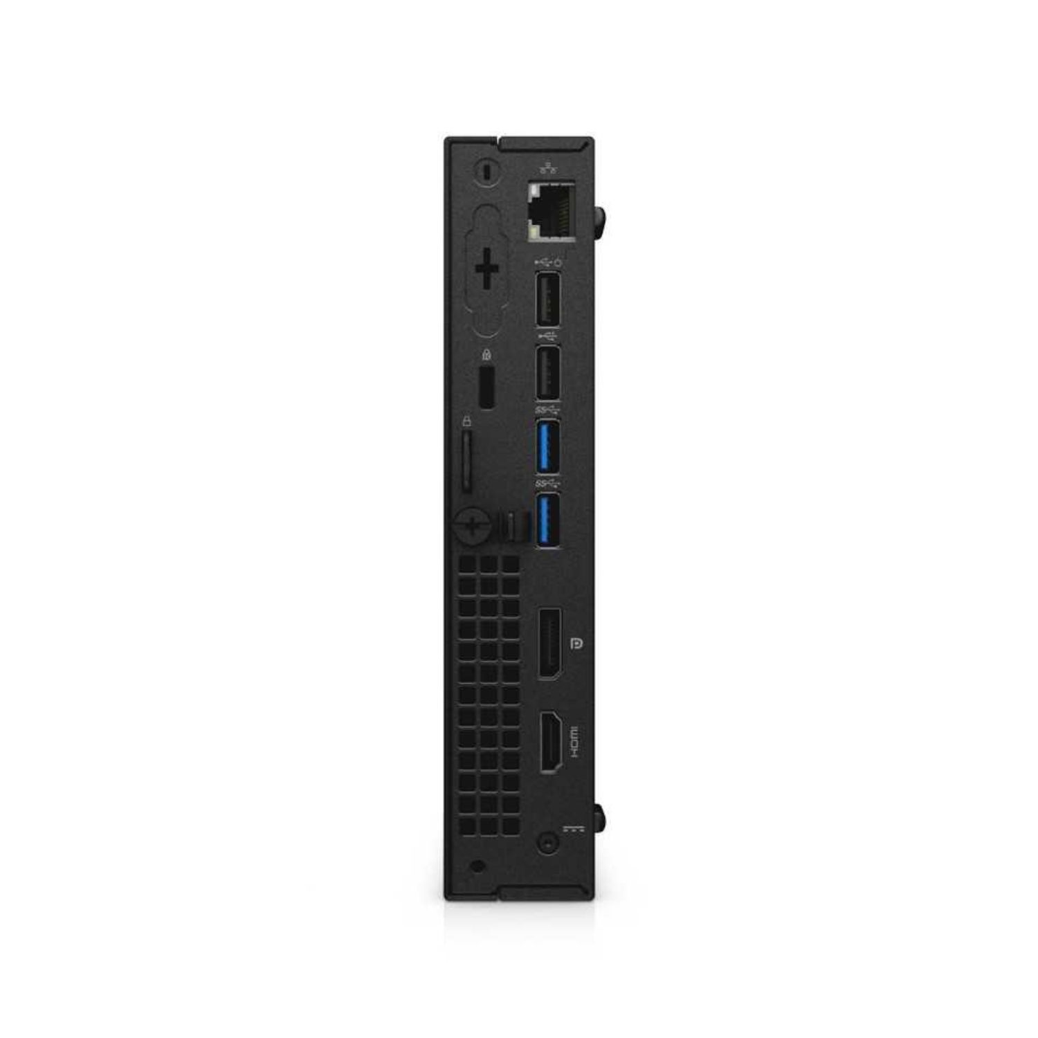 Primer plano de la parte trasera de un ordenador de escritorio Dell OptiPlex negro sobre fondo blanco.