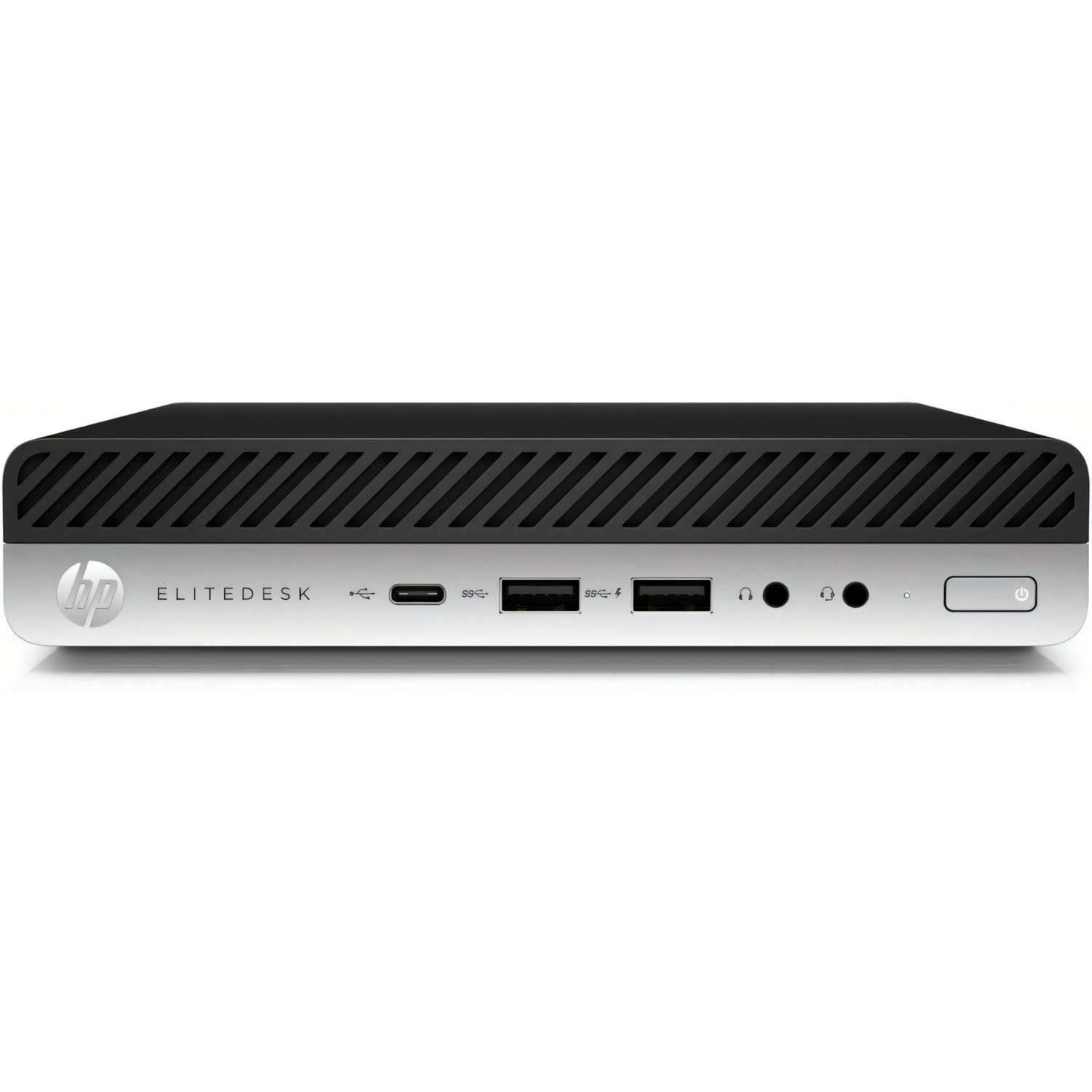 Mini PC HP EliteDesk negro y plateado. Vista frontal con puertos y la etiqueta EliteDesk.