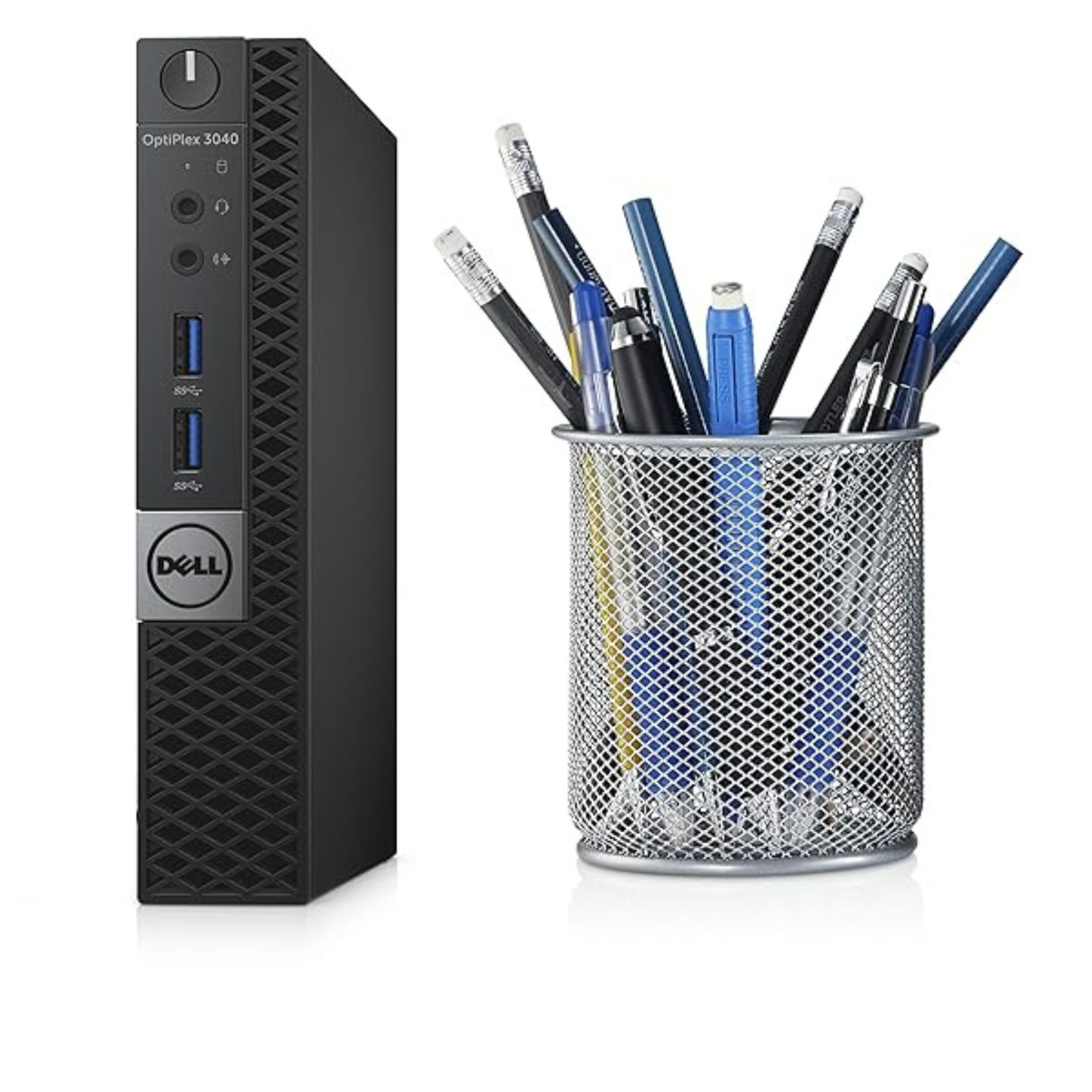 Un ordenador de escritorio Dell OptiPlex 3040 negro con un portalápices sobre fondo blanco.