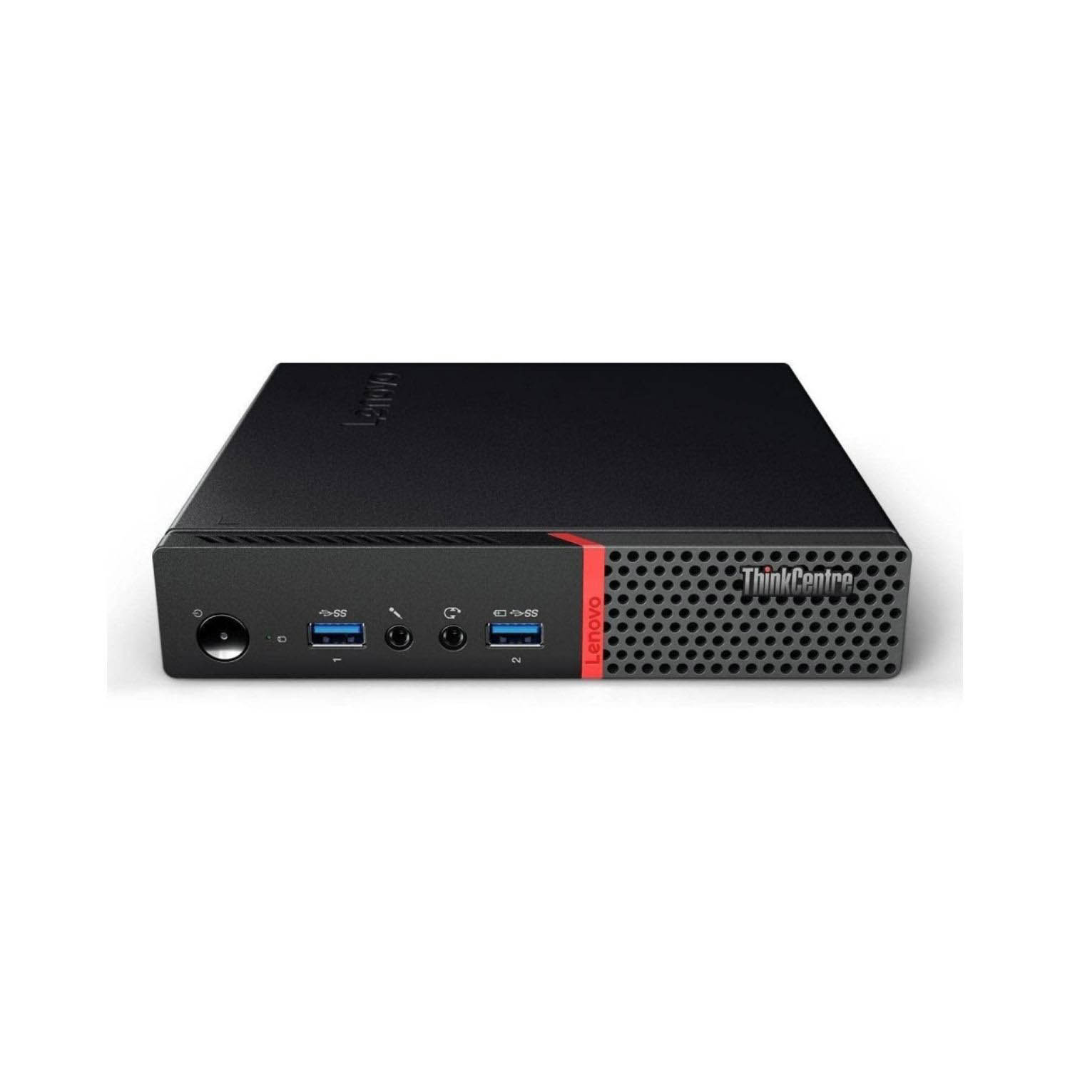 Mini PC Lenovo ThinkCentre negro. Detalle de franja roja. Fondo blanco.