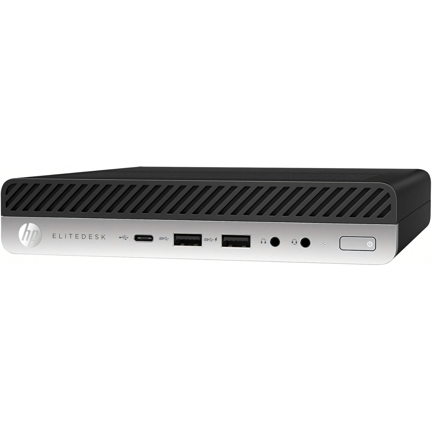 Mini PC HP EliteDesk plateado y negro. Vista frontal, fondo blanco.
