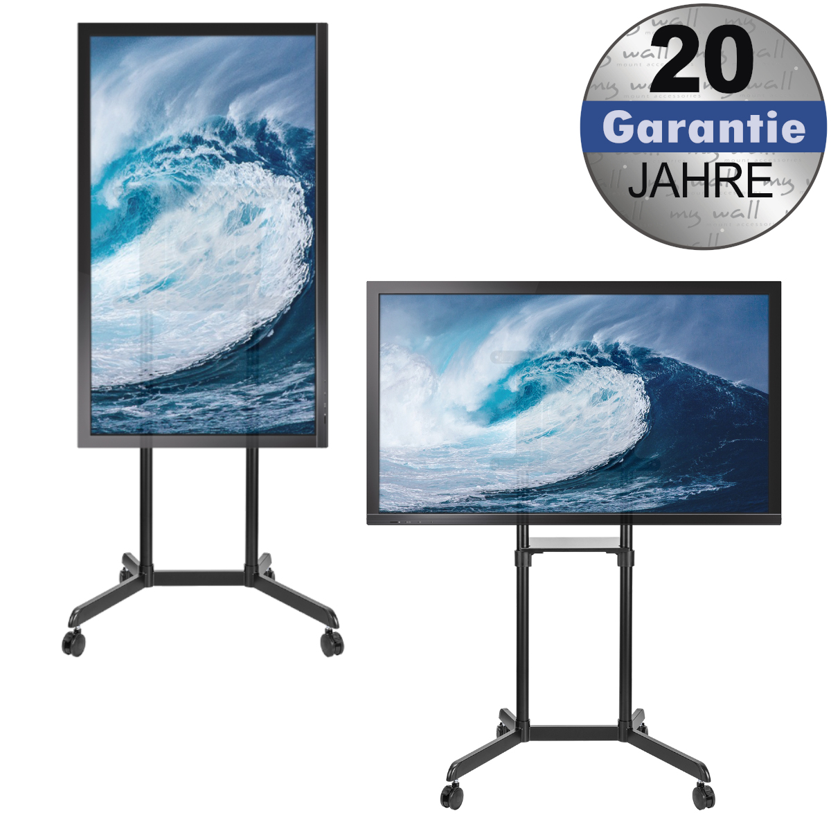 Zwei TVs auf Ständern, zeigen Meereswellen. Einmal hoch, einmal quer. 20 Jahre Garantie Logo sichtbar.