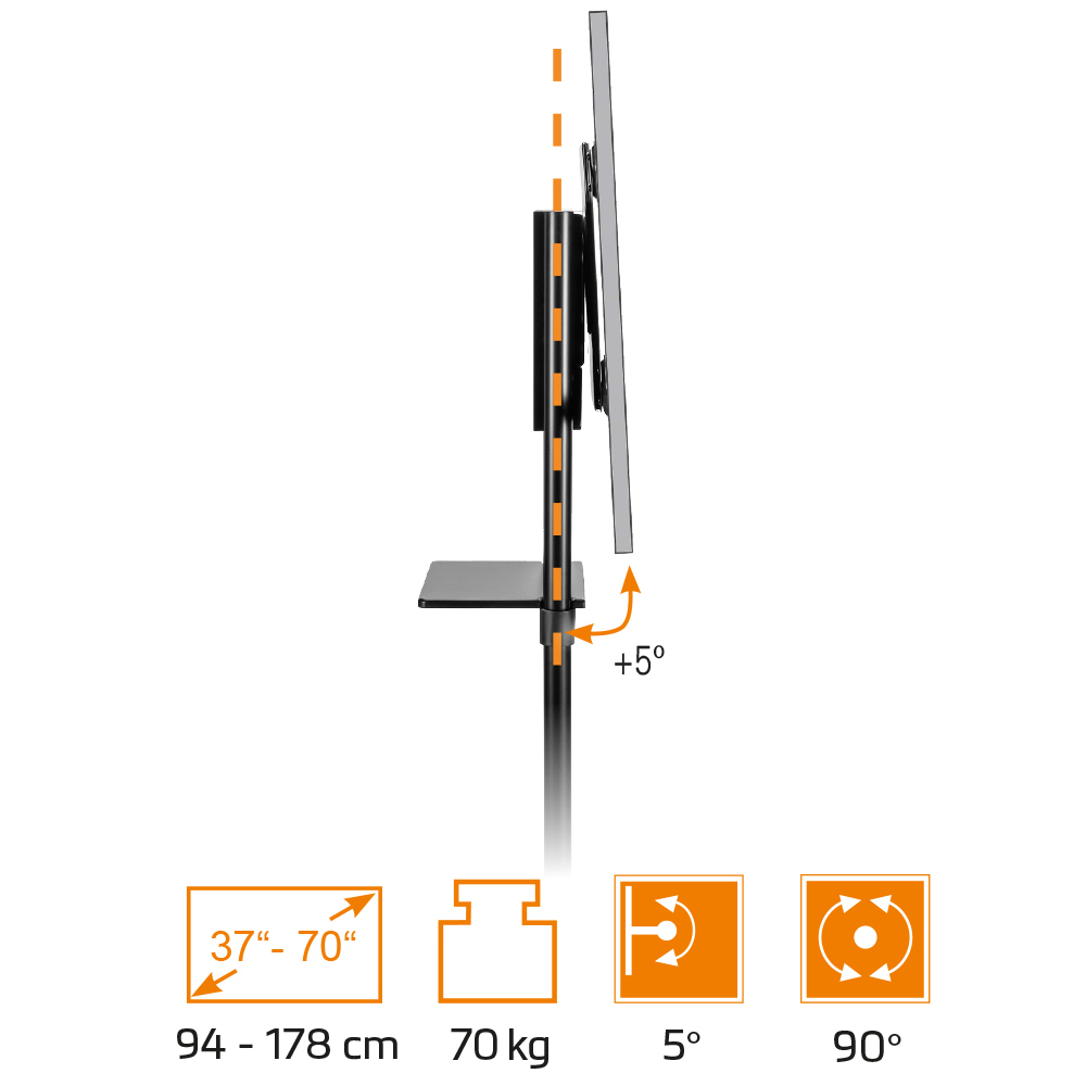 Schwarzer TV-Ständer mit Ablage. Höhen- und neigungsverstellbar. Für 37"-70" TVs. Mit Gewichts- und Drehdetails.