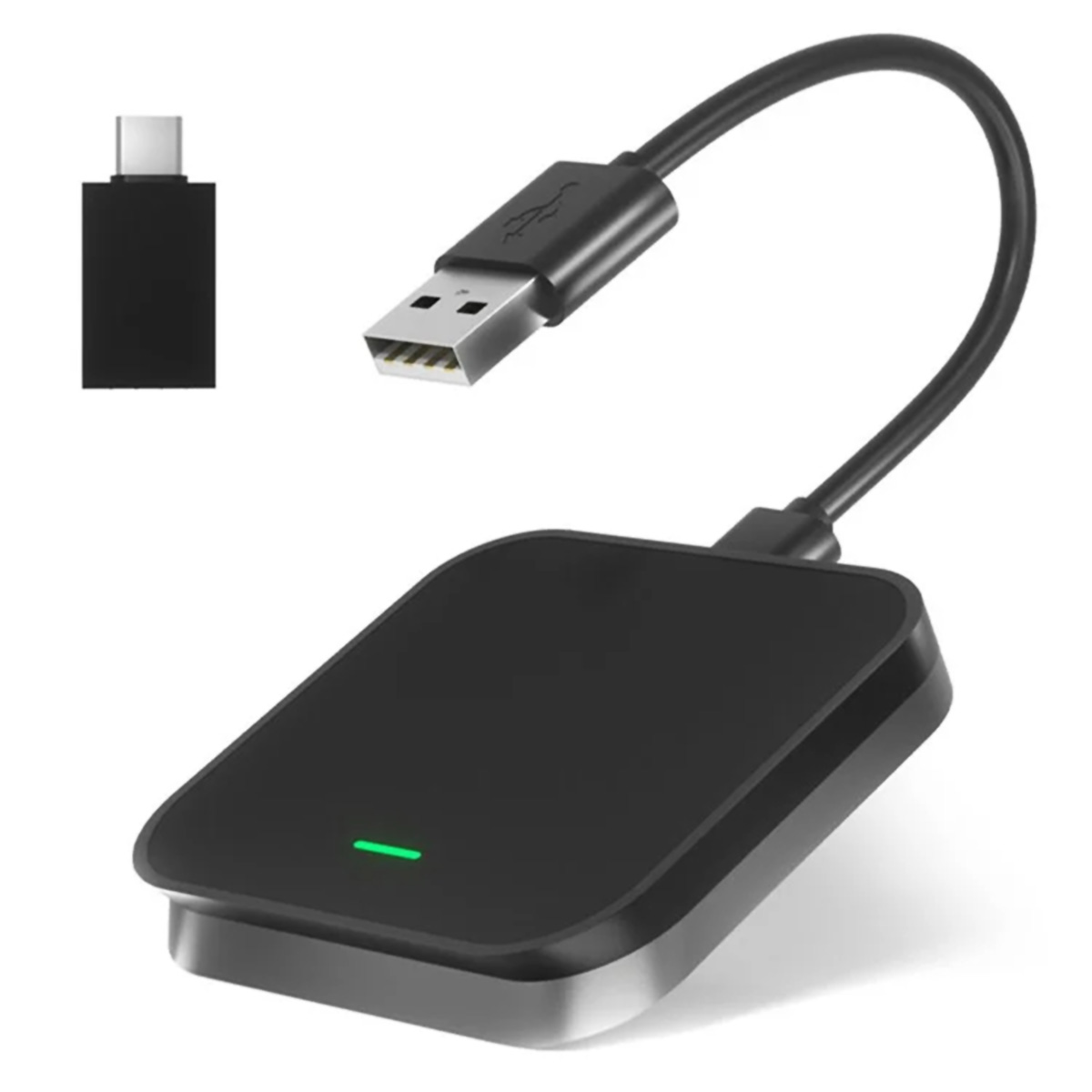 Dispositivo USB negro con cable USB conectado y adaptador USB-C separado.