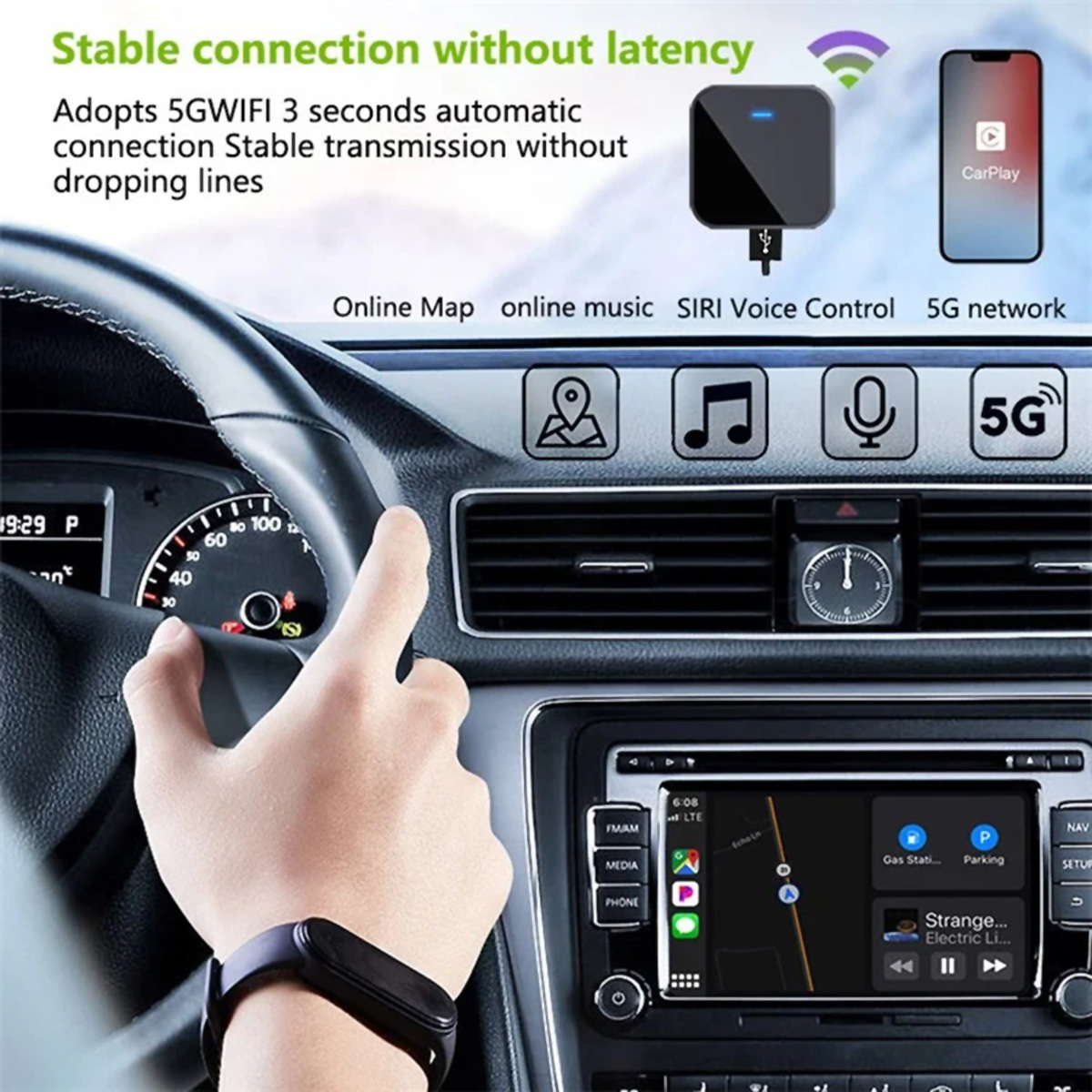 Panel de control que muestra una configuración de automóvil con un dispositivo conectado, teléfono y mapa. Texto: Conexión estable sin latencia.