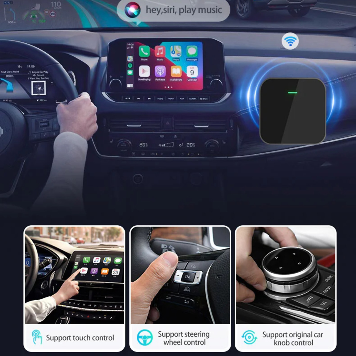 Panel del coche con pantalla mostrando CarPlay y controles táctiles, volante, mando giratorio.