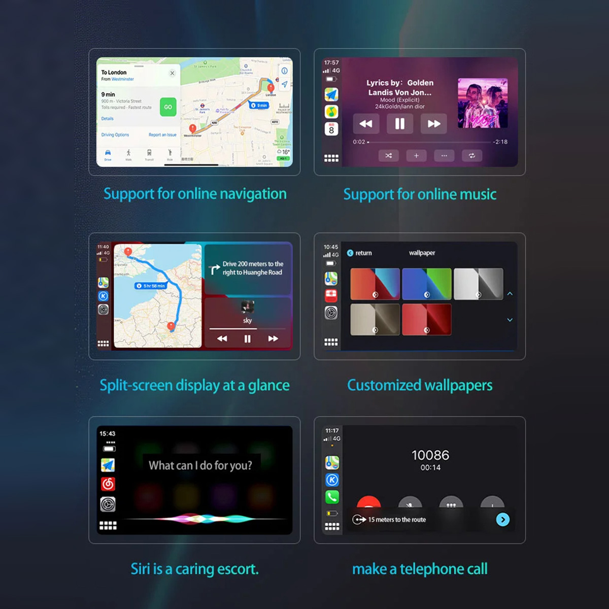 Sistema de infoentretenimiento del coche que muestra navegación, música, pantalla dividida, fondos de pantalla, Siri y llamadas.