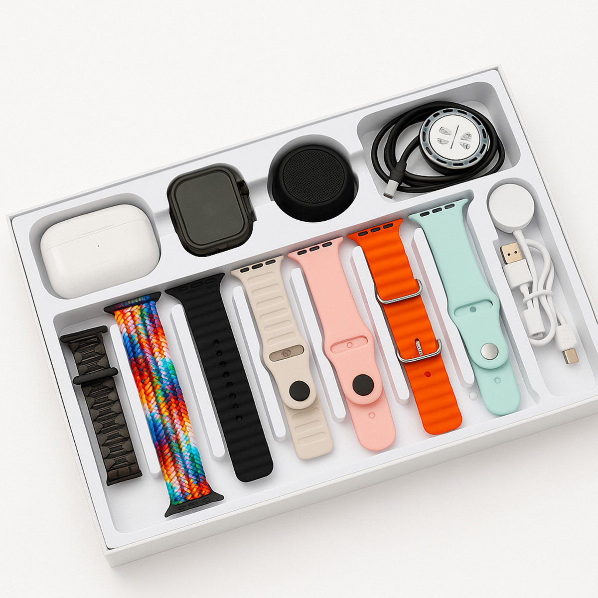 Caja con accesorios de smartwatch: correas, auriculares, cargador y altavoz.