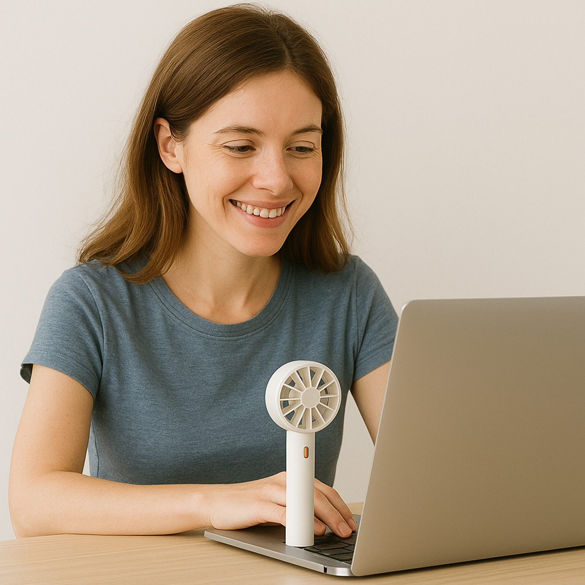 Mujer sonriendo, usando una laptop con un pequeño ventilador blanco en el escritorio.