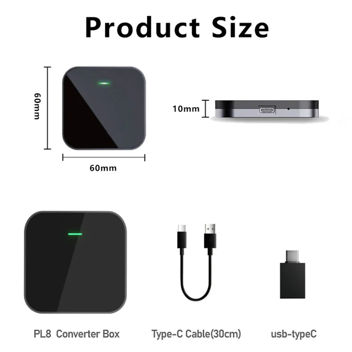 Diagrama de un dispositivo negro con dimensiones, un cable de carga y un adaptador usb tipo C.