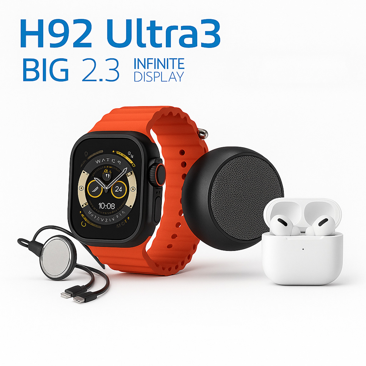 Reloj inteligente con correa naranja, auriculares, altavoz y AirPods sobre fondo blanco.