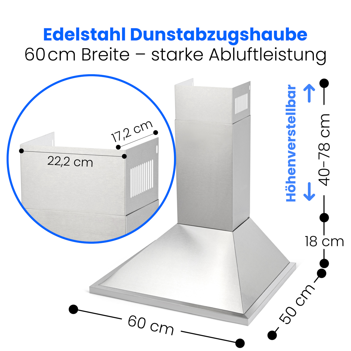 Edelstahl-Dunstabzugshaube mit Maßen und Text auf weißem Hintergrund.
