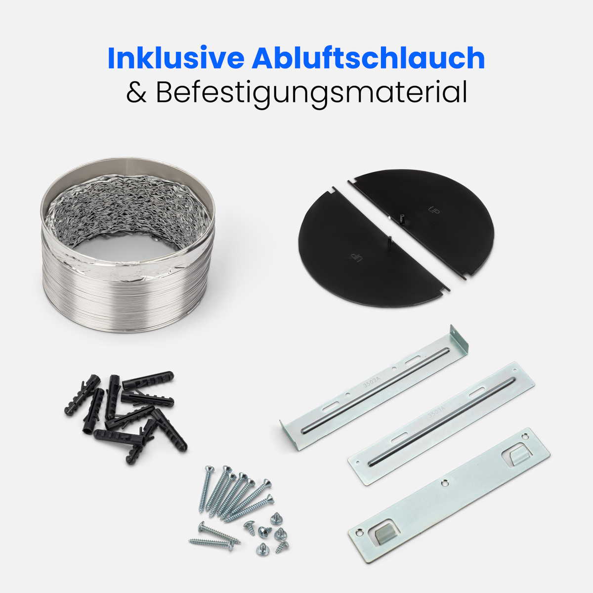 Dunstabzugshauben-Installationskit mit Metallkanal und Montagematerial.