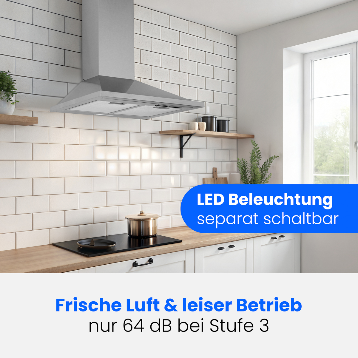 Weiße Dunstabzugshaube über einem Herd mit Text auf dem Bild, in einer Küche.