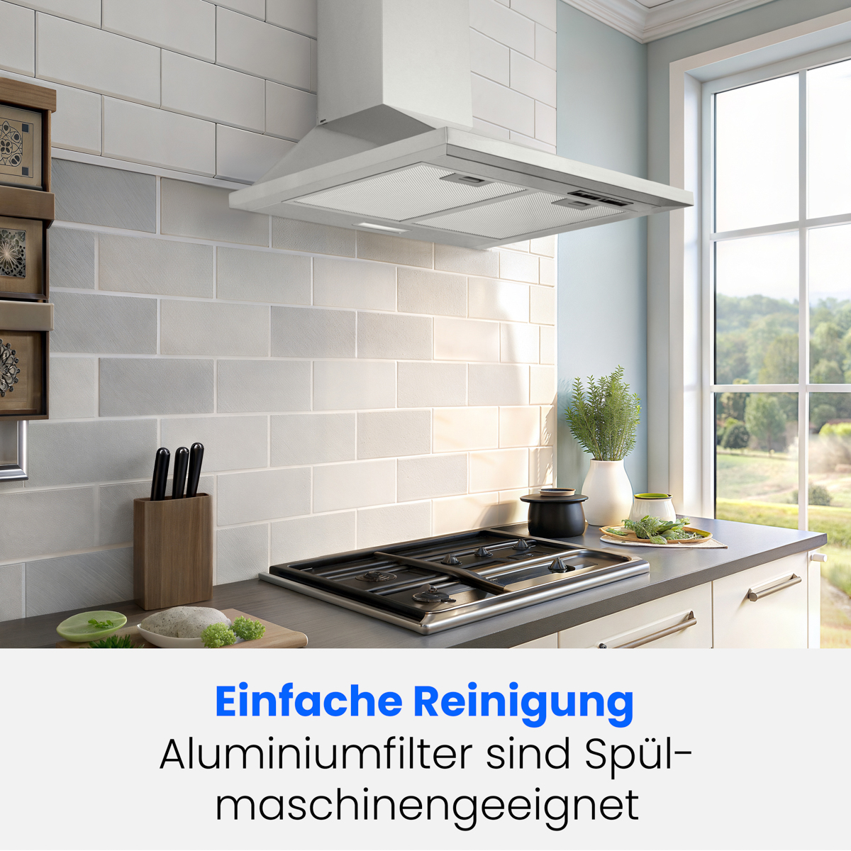 Weiße Dunstabzugshaube über Herd mit Text auf dem Bild, in einer Küchenumgebung.