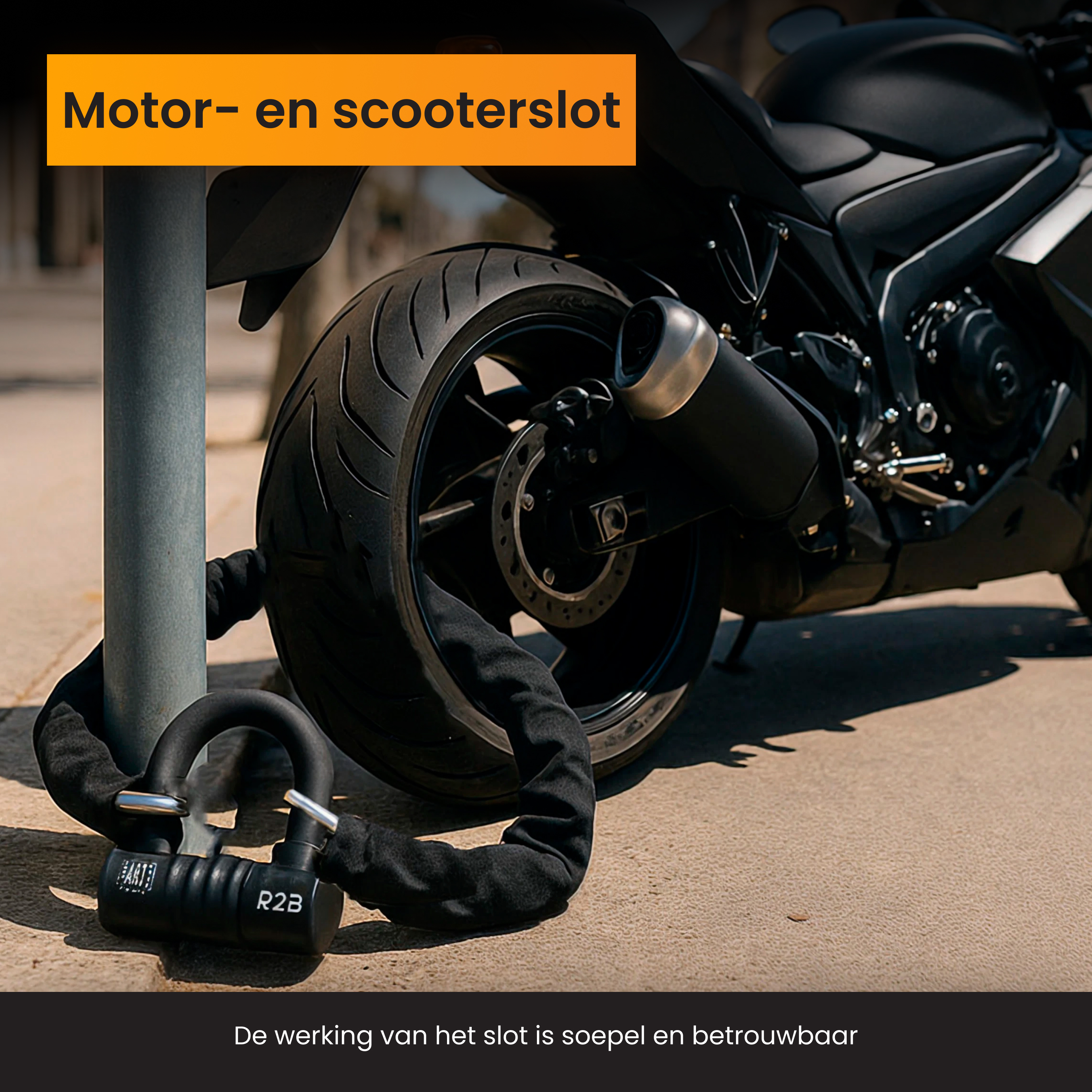 Motorcycle locked to a post with a black chain and lock, on a city street.