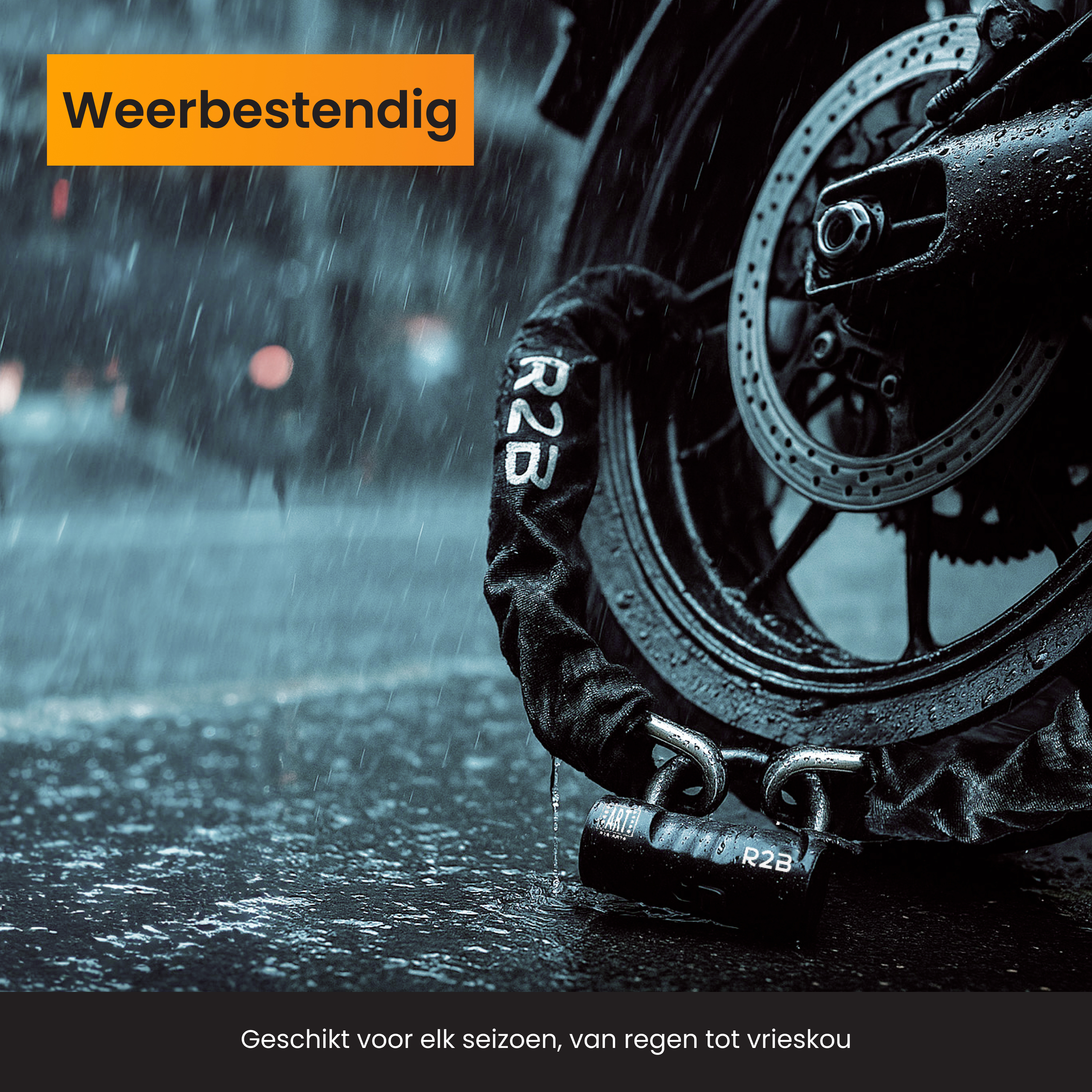 Motorcycle and lock in rain. Black motorcycle wheel with a black lock and chain.