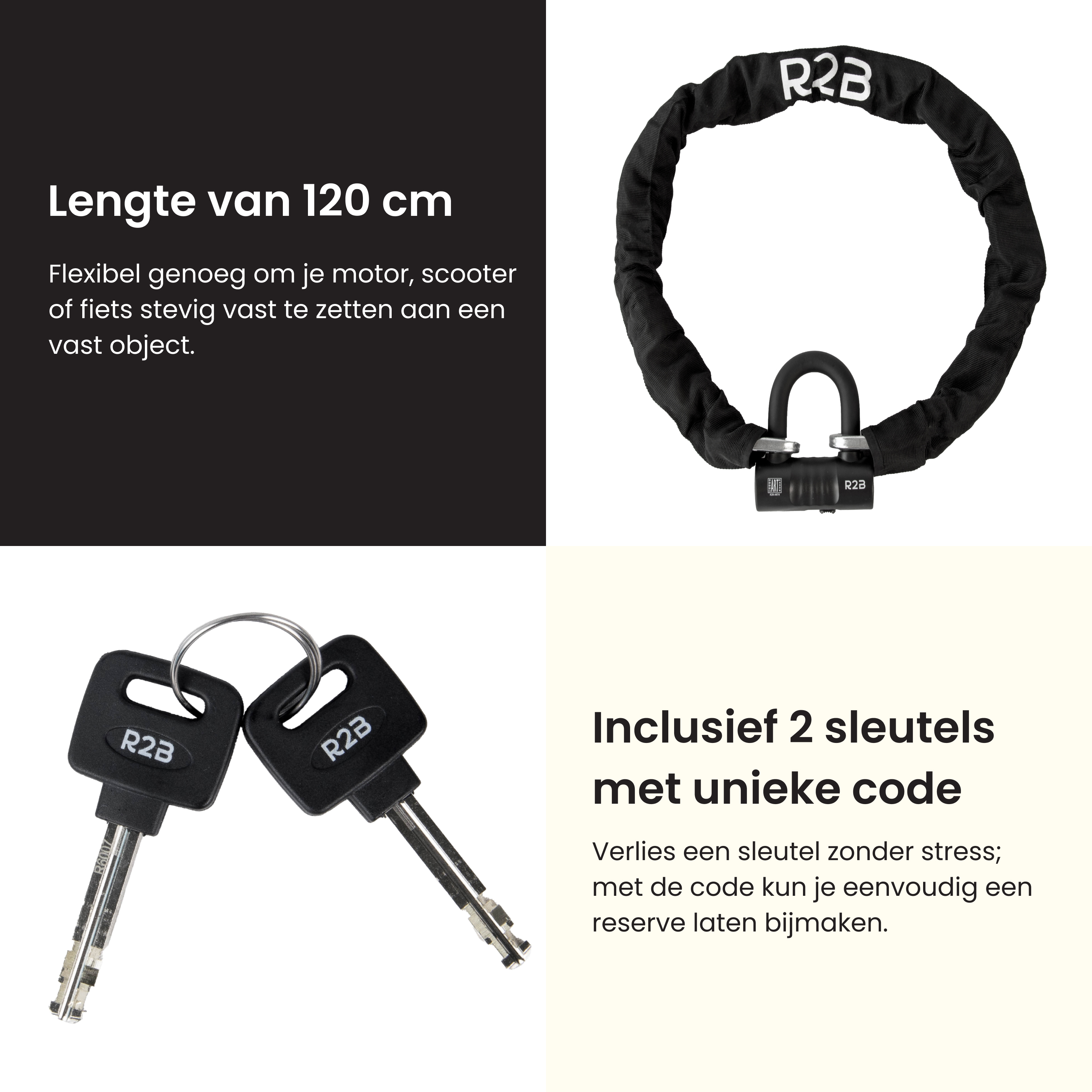 Black motorcycle lock, chain, and keys, on a white background. Text about length and keys.