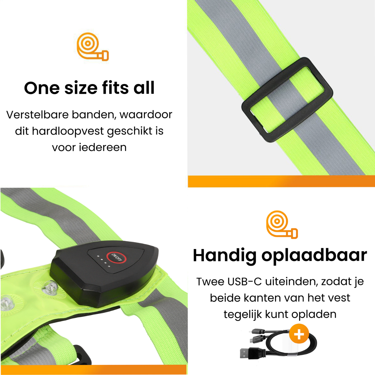 Close-up of a reflective vest with adjustable straps and a USB-C charging cable.