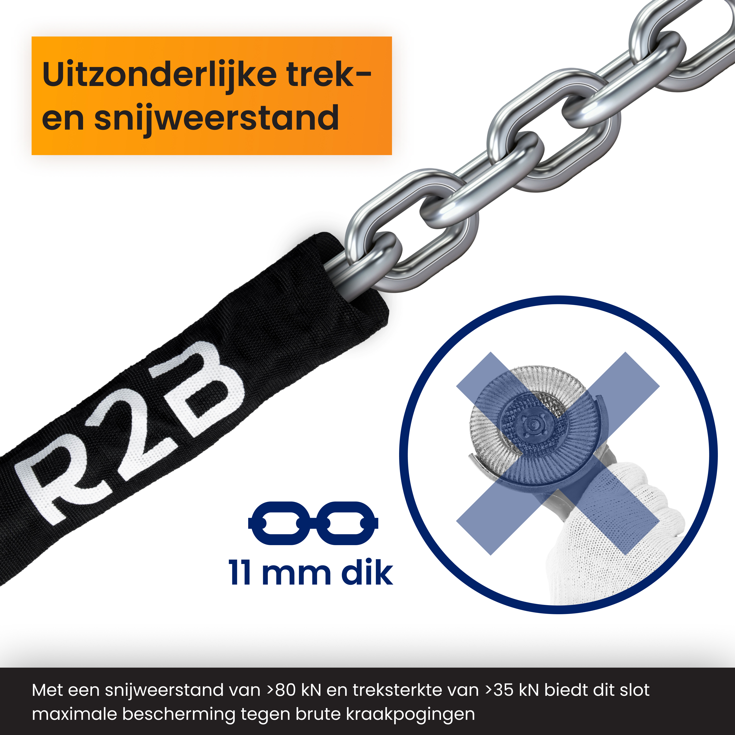 Close-up of a black chain with a silver link, showing resistance to cutting attempts.