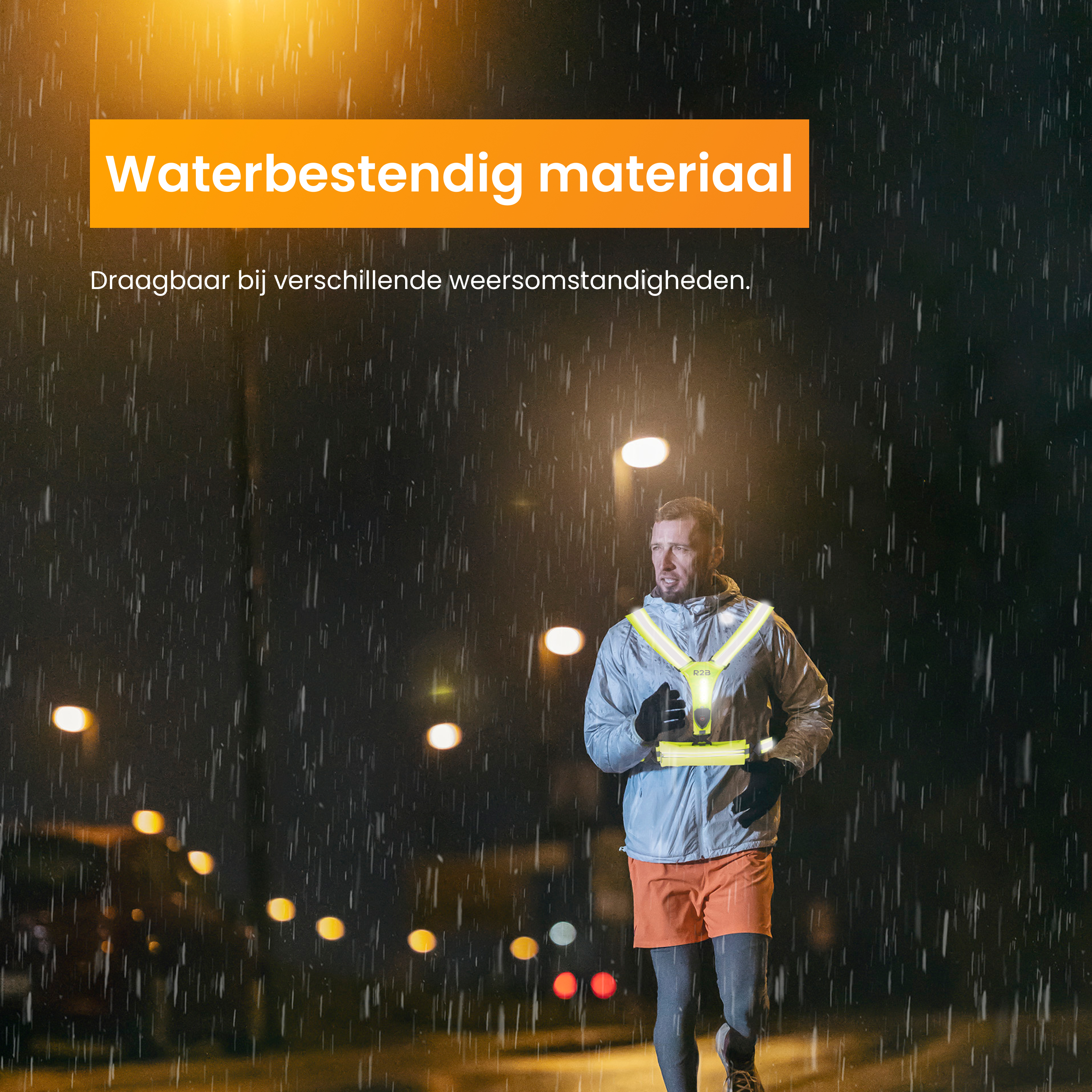 Man running in the rain at night, wearing a reflective vest with streetlights in the background.