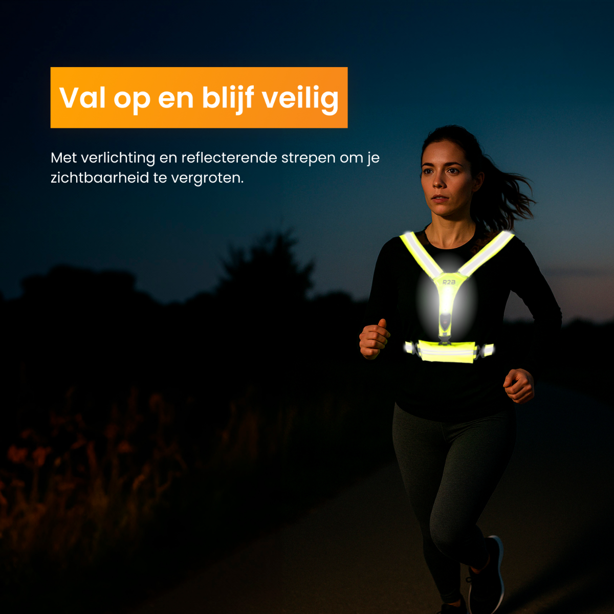 Woman runs wearing a reflective vest at night. The vest has yellow stripes and a light, enhancing visibility in dark conditions.
