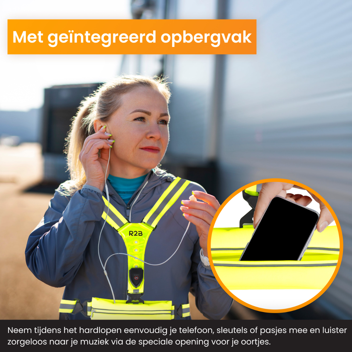 Woman wearing a reflective vest with a phone pocket and headphones, outdoors.
