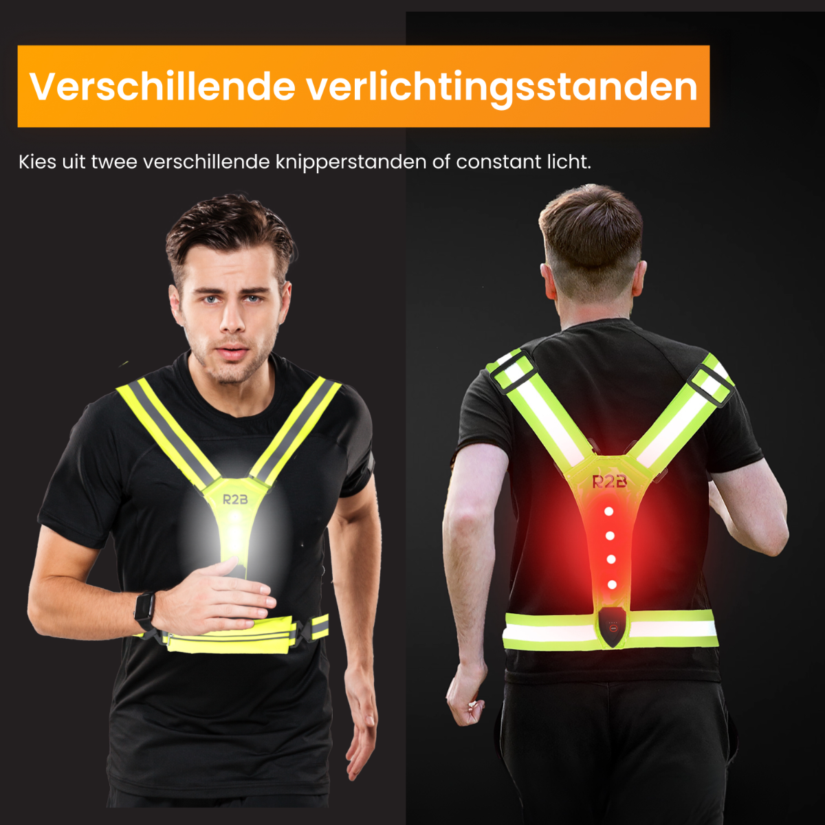 Two men wearing reflective vests with lights, showcasing front and back views of the safety gear for running or jogging.