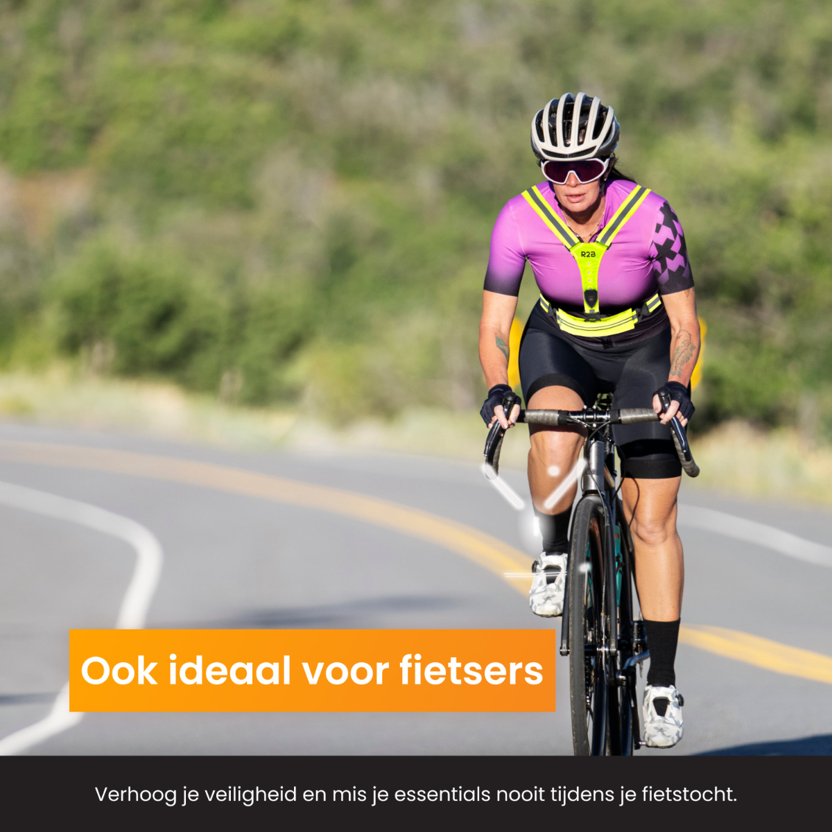 Cyclist on road wearing a reflective vest. The image promotes safety gear for cyclists, emphasizing visibility during rides.