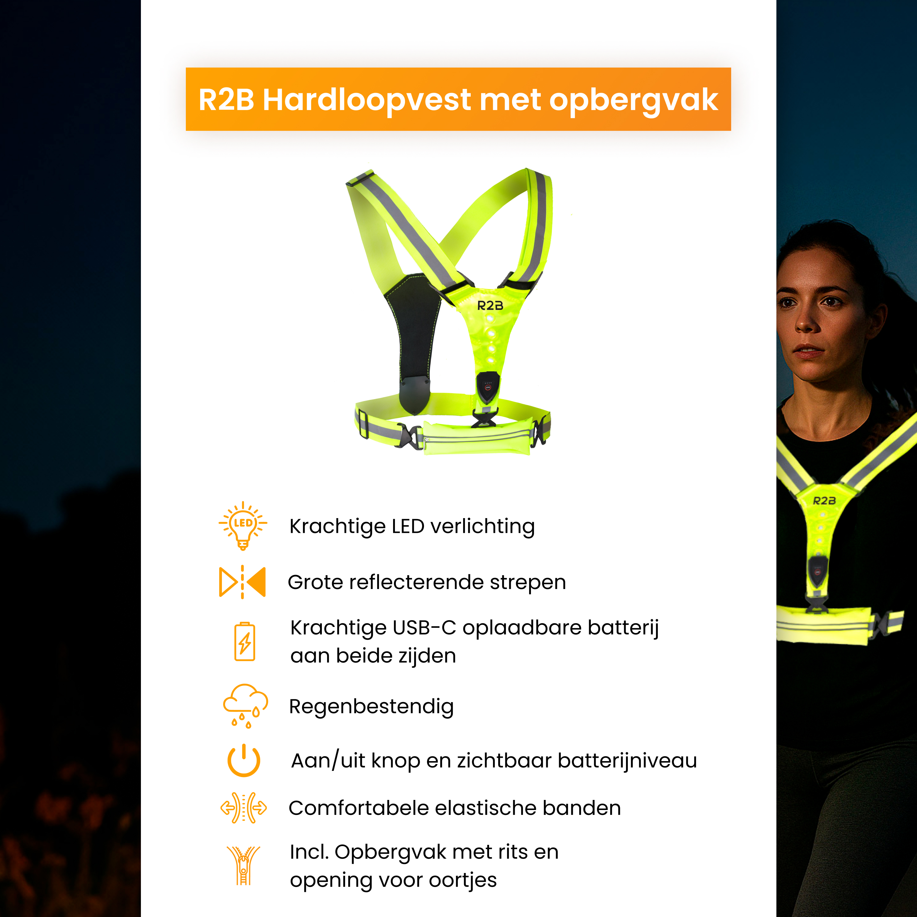 Image présentant un gilet de course réfléchissant avec lumières LED, bandes réfléchissantes et batterie USB-C.