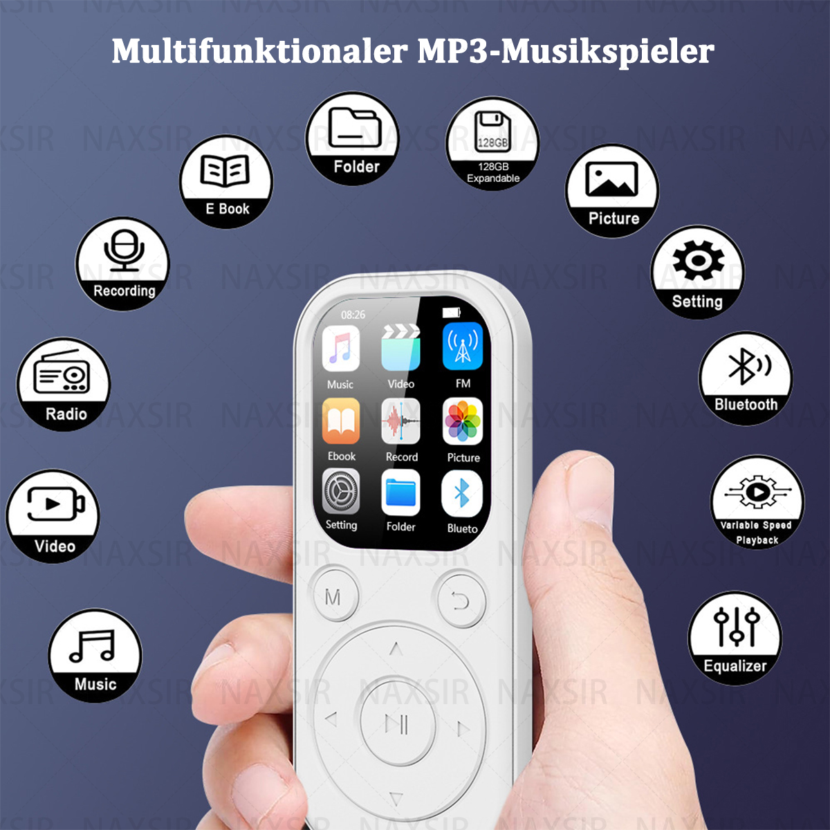 Lettore MP3 bianco con icone multifunzione tenuto in mano su sfondo blu.