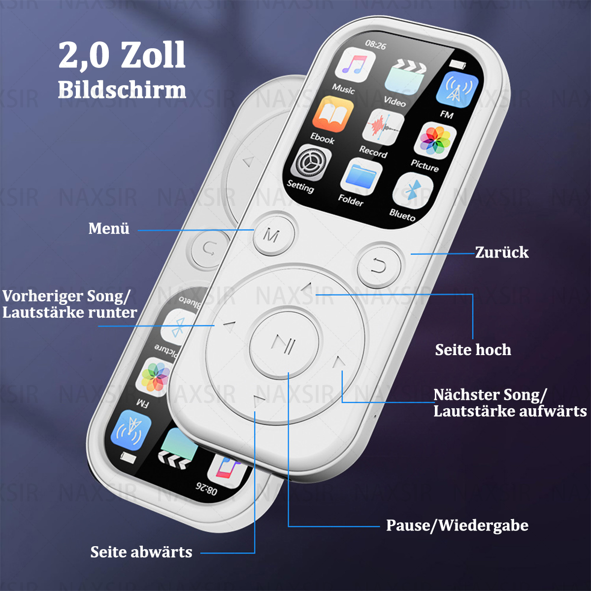 Lettore MP3 bianco con schermo che mostra un menu e pulsanti su sfondo blu, con etichette.