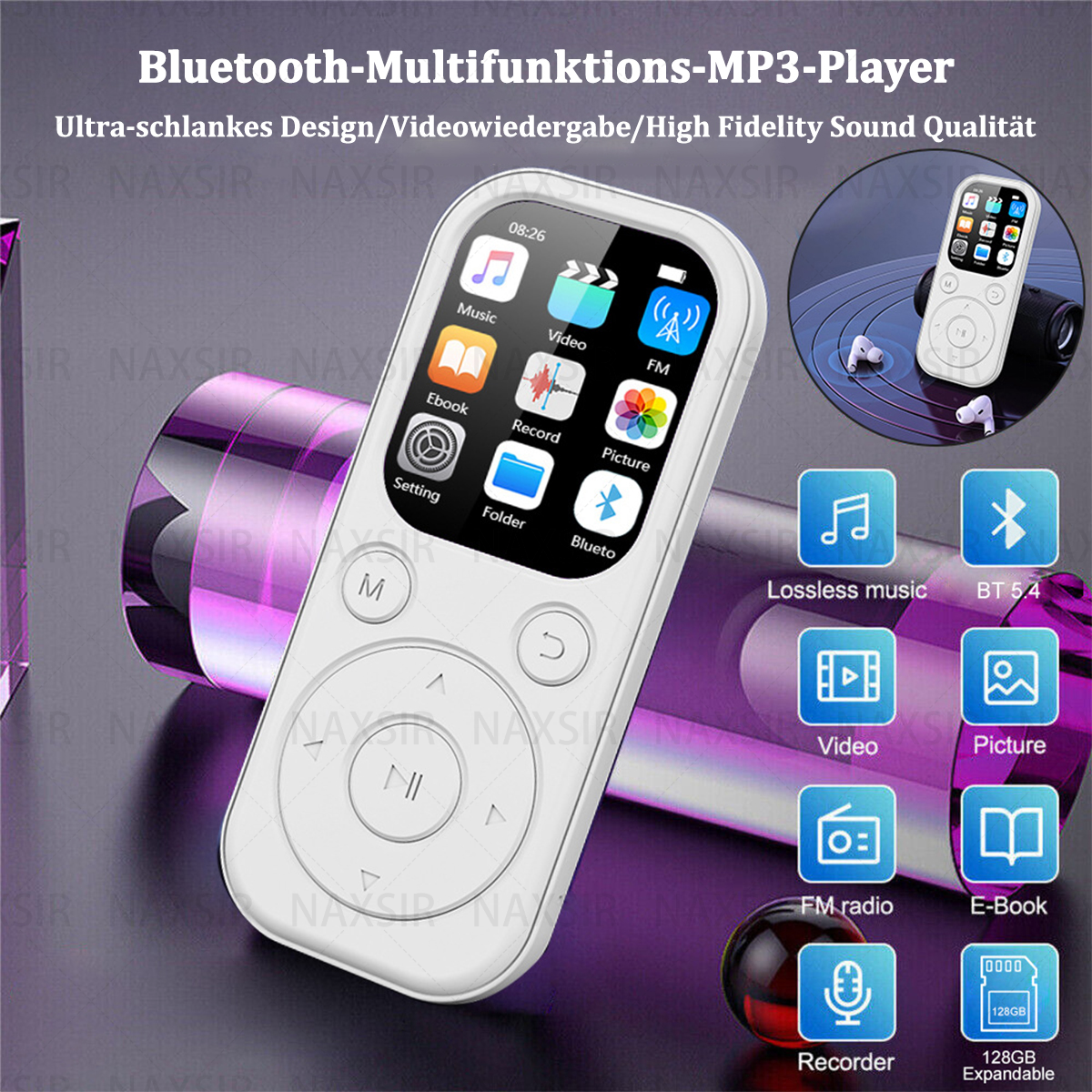 Lettore MP3 bianco con icone multifunzione e una varietà di altre icone e un piccolo altoparlante.