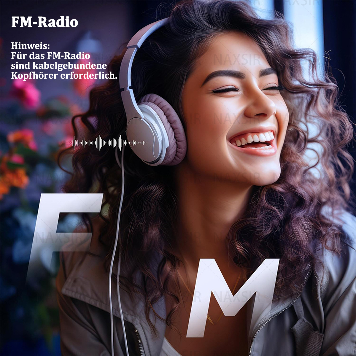 Donna sorridente con cuffie. Testo: FM-Radio.