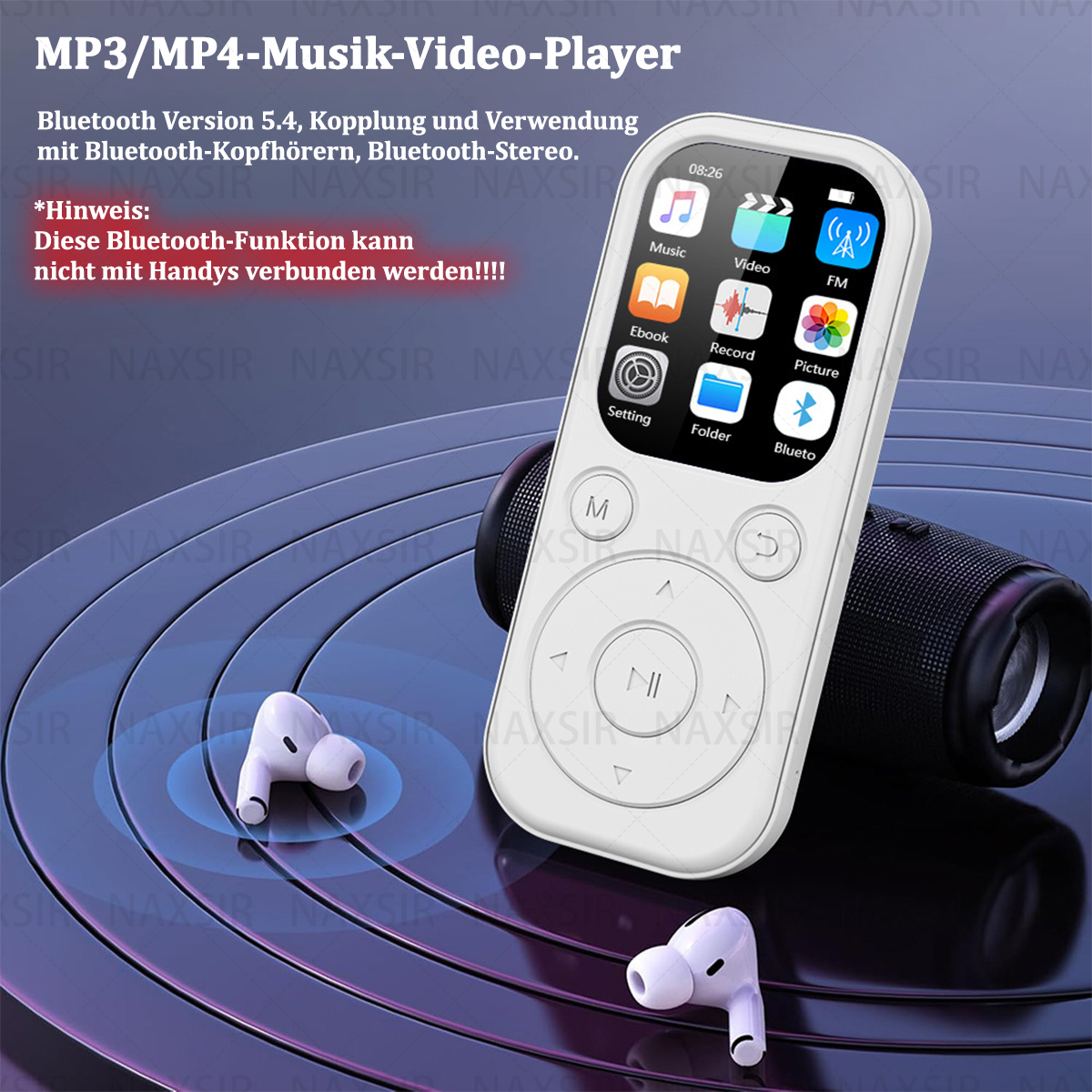 Lettore MP3 bianco con schermo, auricolari e piccolo altoparlante su superficie grigia.