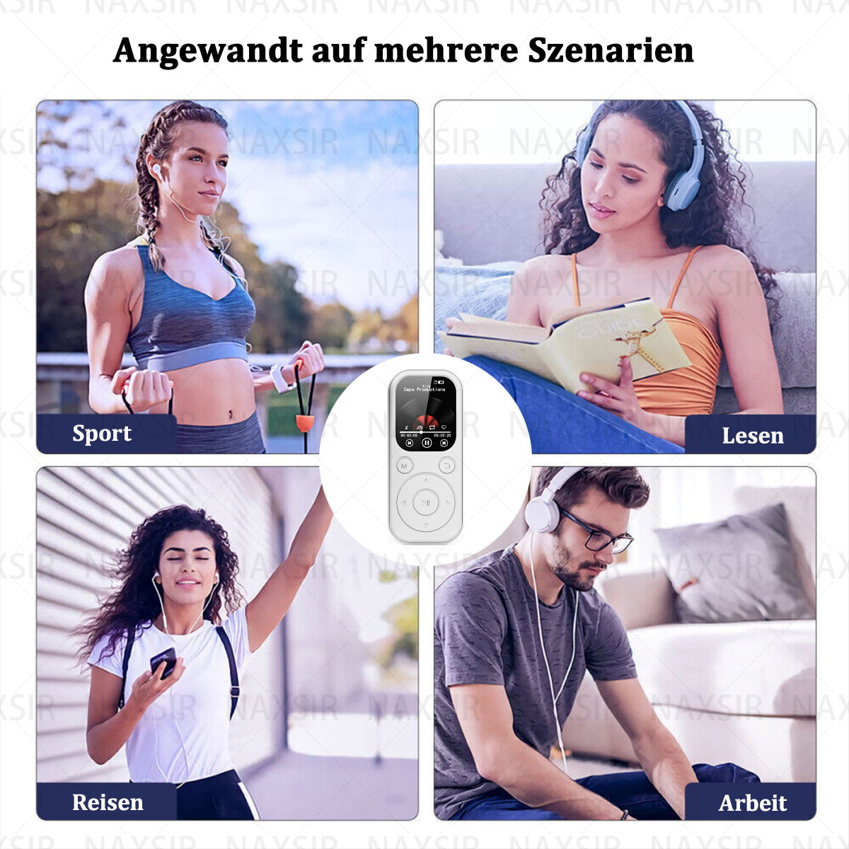 Lettore MP3 in diversi scenari come sport, lettura, viaggi e lavoro.