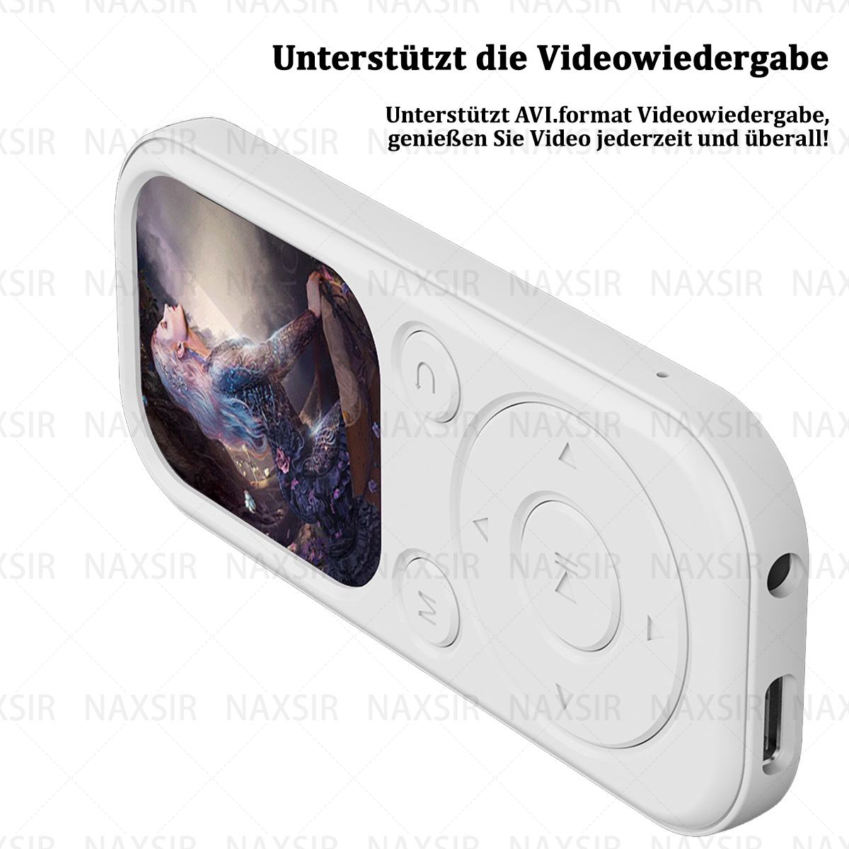 Lettore MP3 bianco con schermo che mostra un video. Il testo dice: Supporta la riproduzione video.